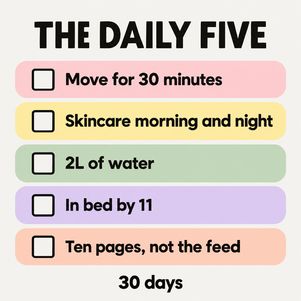 Checklist card titled the daily five: move for 30 minutes, skincare morning and night, 2L of water, in bed by 11, ten pages not the feed