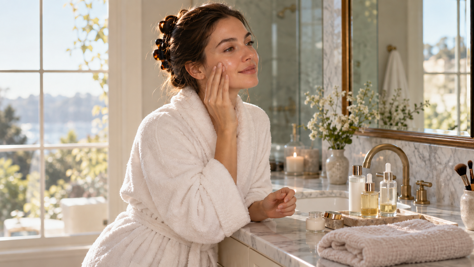 A young woman doing her morning skincare at a marble bathroom vanity in a white robe, soft daylight from a side window