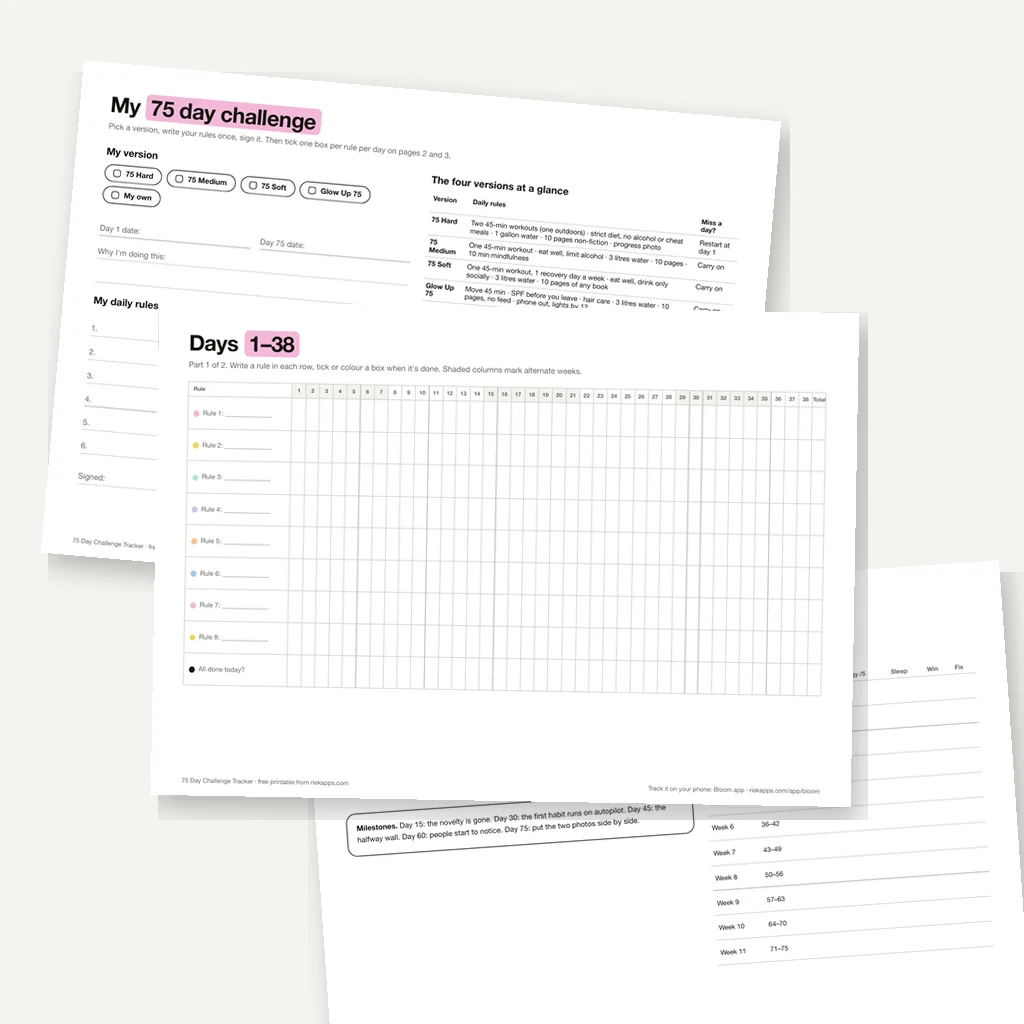 Three pages of the free 75 day challenge tracker PDF laid out on a cream background: the My 75 Day Challenge page with version checkboxes and the four versions at a glance, the Days 1 to 38 habit grid with eight colour-coded rule rows, and the weekly check-in table