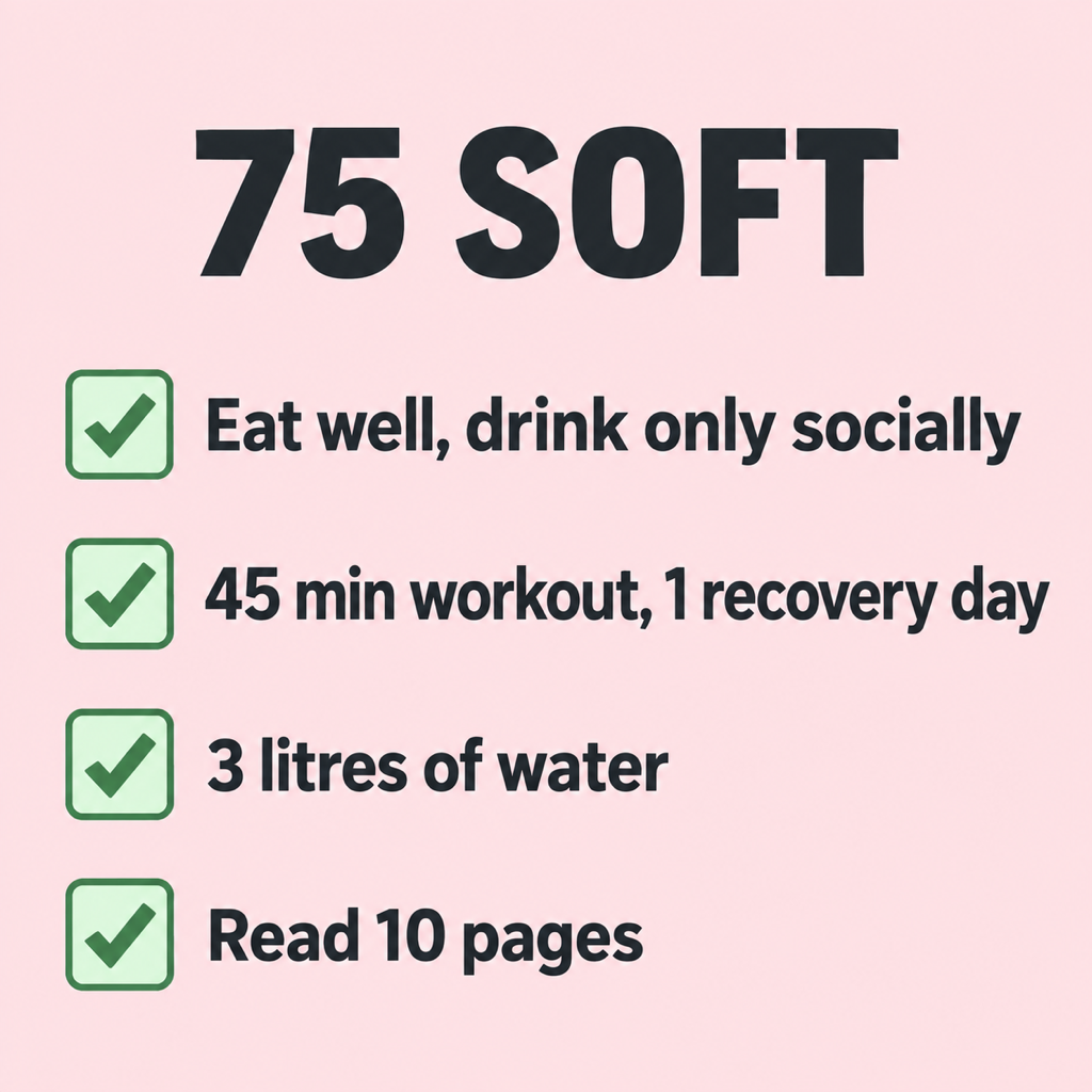 75 Soft checklist card with the four rules: eat well and drink only socially, 45 minute workout with one recovery day, 3 litres of water, read 10 pages