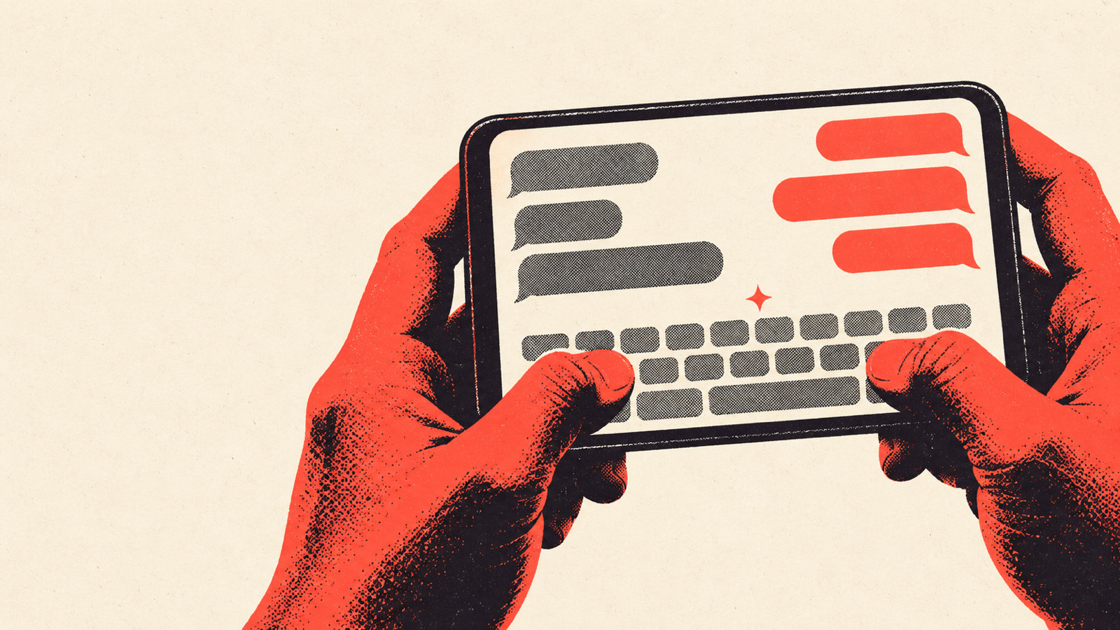 Screenprint-style illustration of two coral hands holding a phone sideways, chat bubbles on screen and a small sparkle above the keyboard