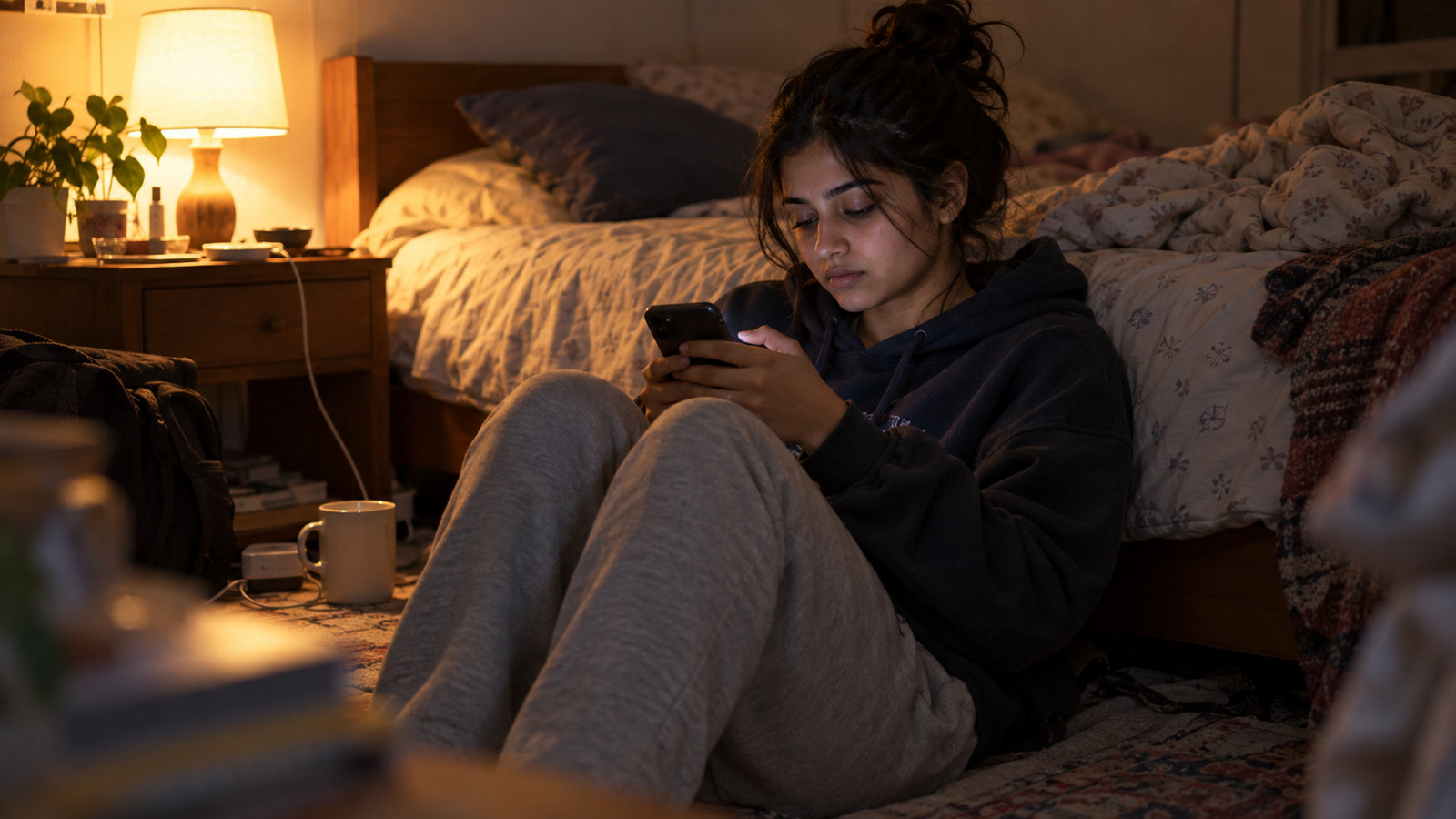 A young woman in a hoodie sitting on her bedroom floor late at night, typing on her phone by the light of a bedside lamp