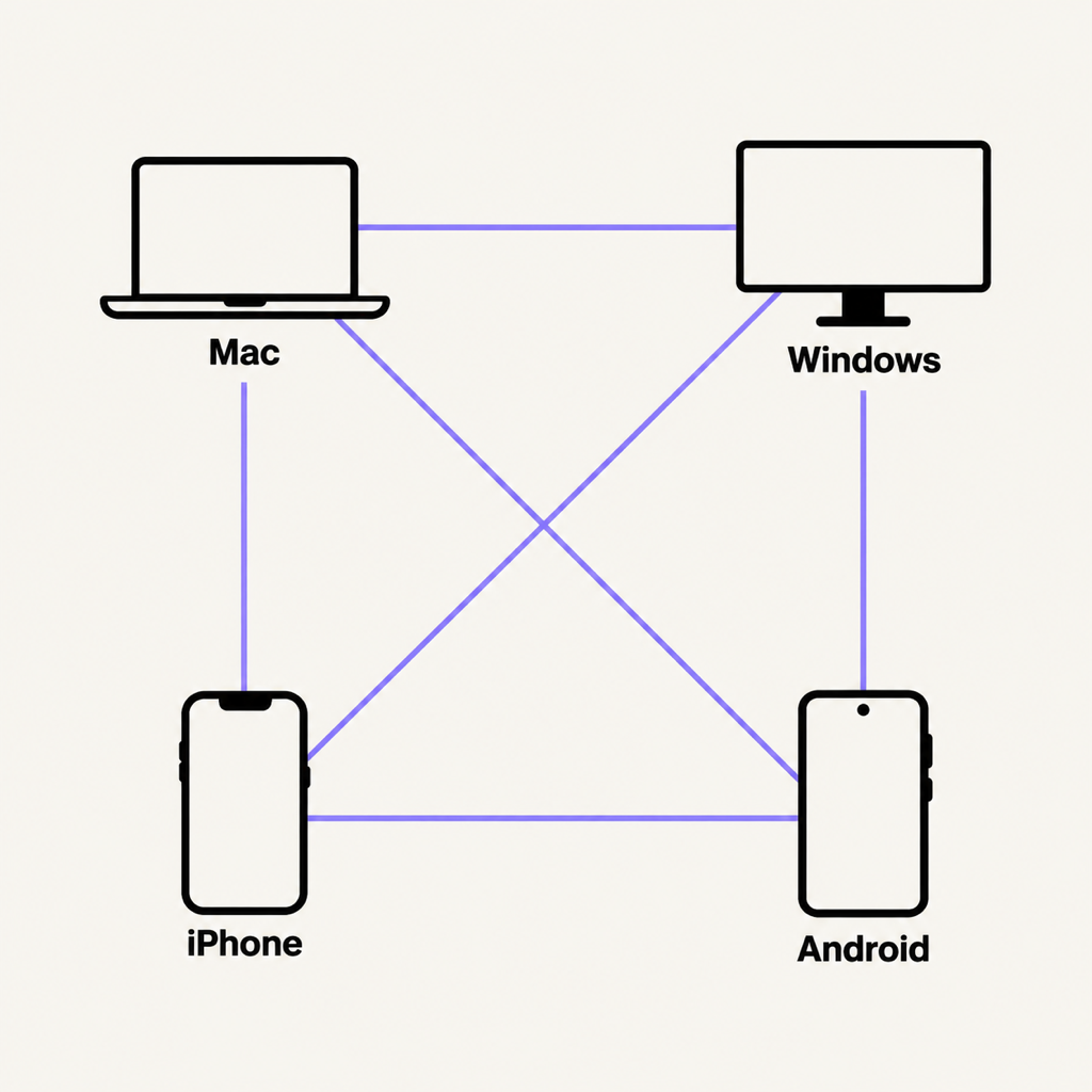 Four device icons, Mac, Windows, iPhone and Android, each connected to all the others by lines, forming a fully connected square