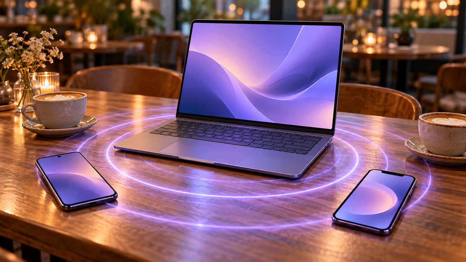 A Windows laptop on a café table sending out a lavender radar-like ripple towards an Android phone and an iPhone lying nearby