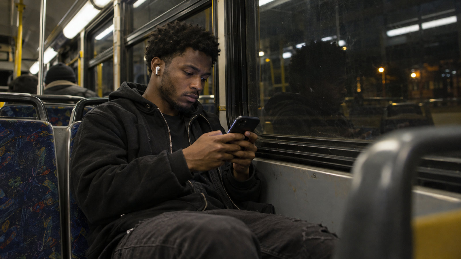 A young man alone by the window on a late-night city bus, earbuds in, typing a long message on his phone
