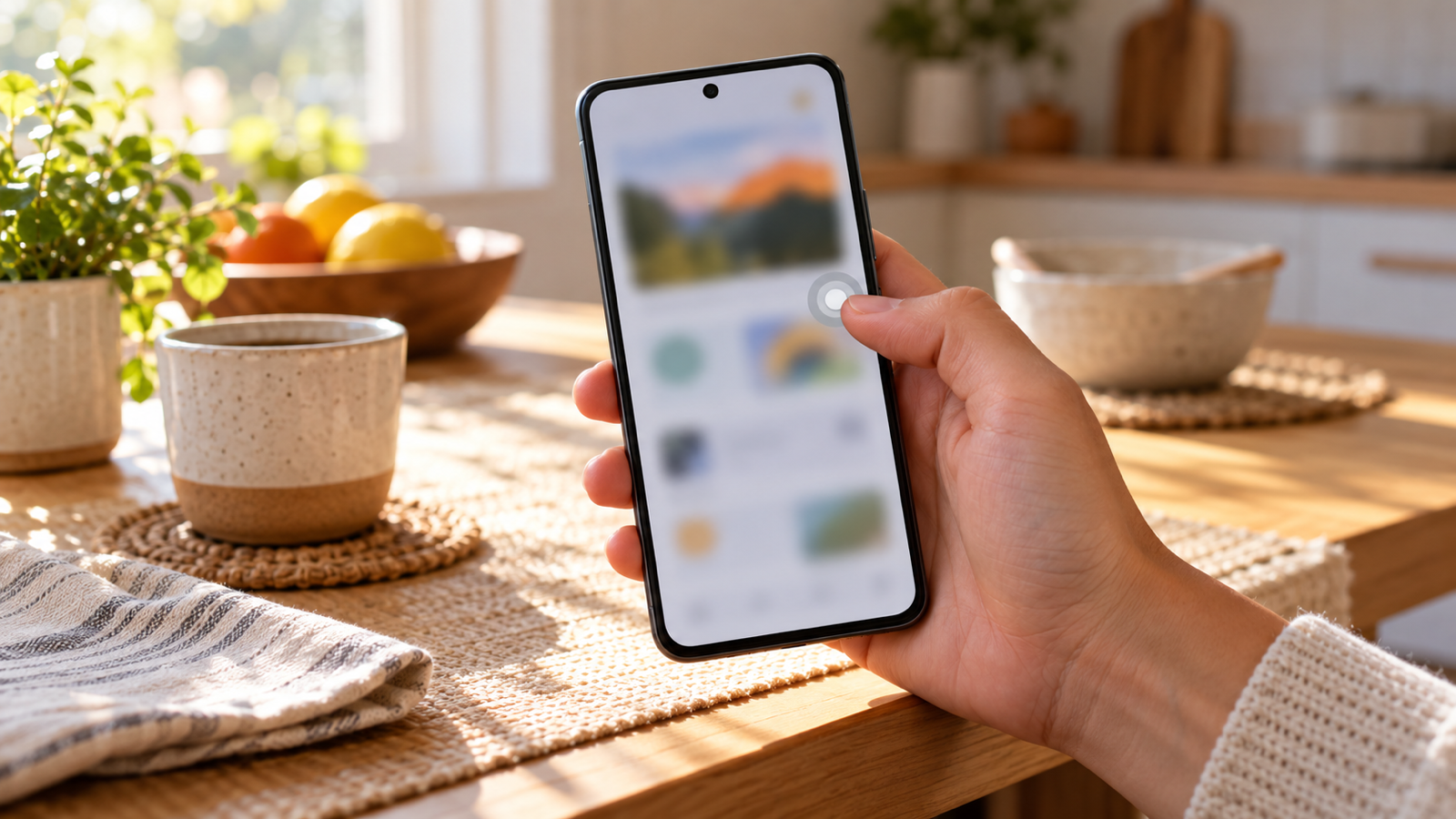 A hand holding an Android phone one-handed, thumb resting next to a small floating button on the screen
