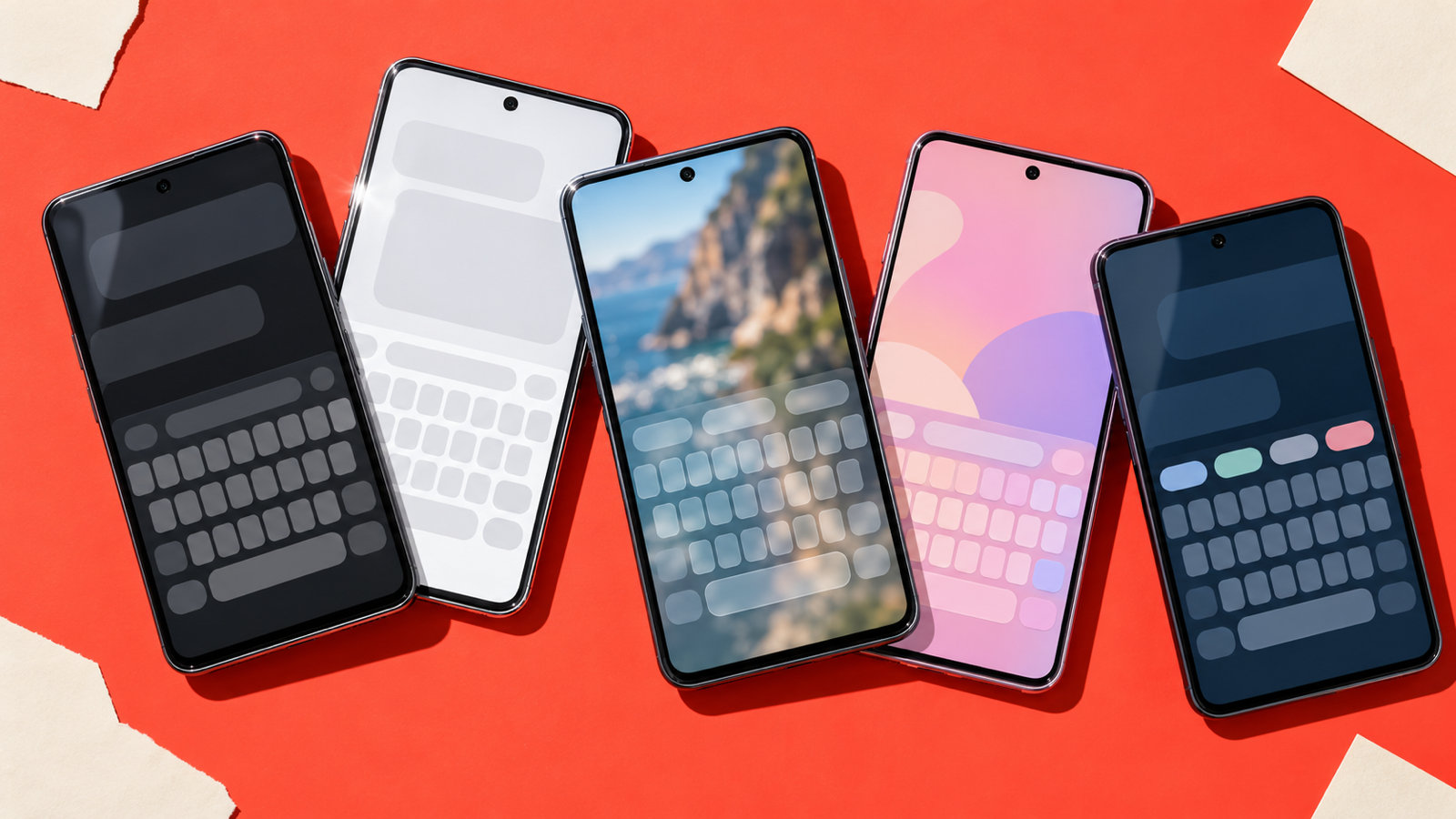 Five Android phones fanned out on coral paper under hard flash, each showing a different on-screen keyboard