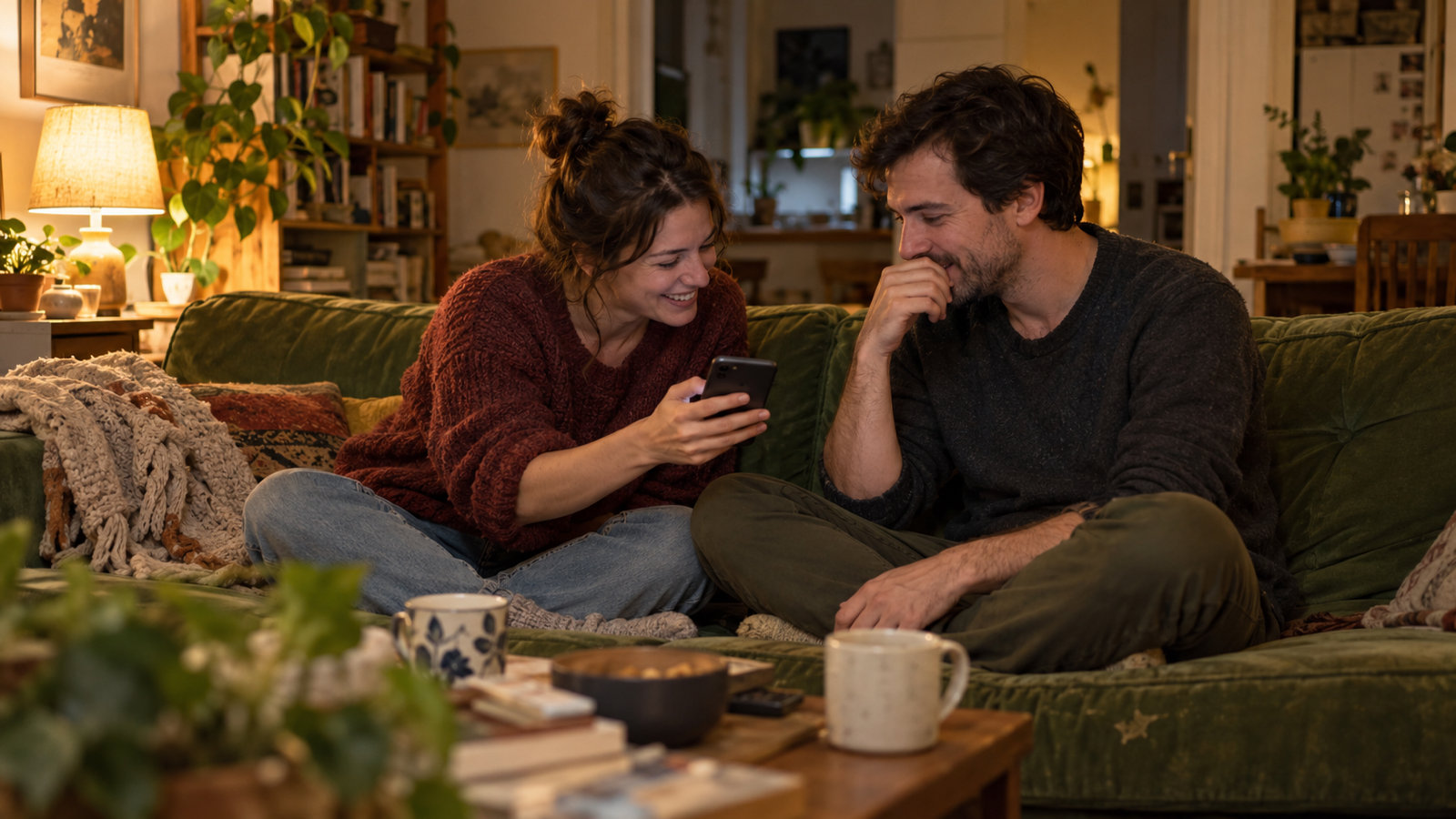 A couple sitting cross-legged on a worn green sofa in the evening, one leaning over to show the other something on a phone, both laughing