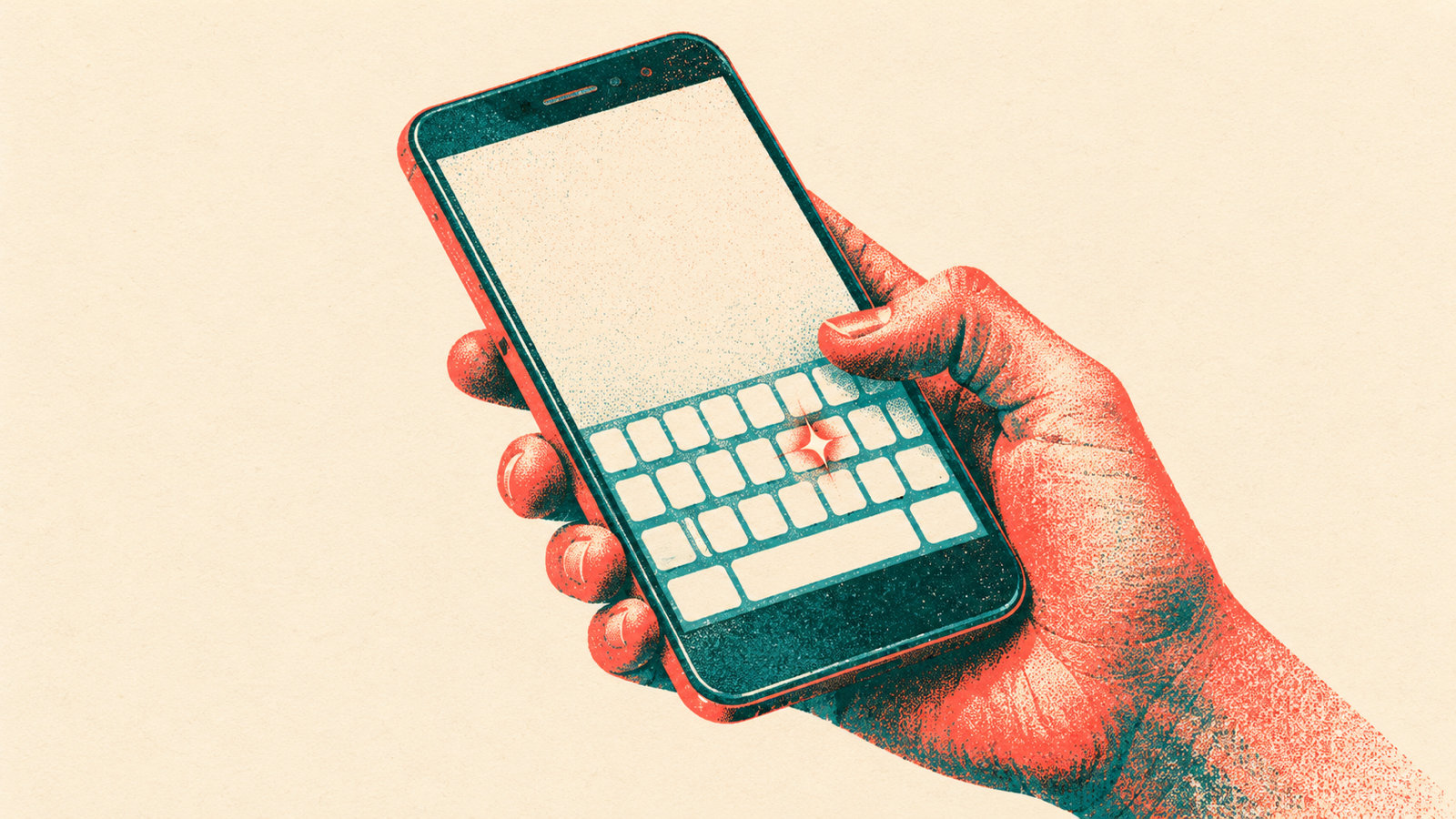 Risograph-Druck in Koralle und Petrol: eine Hand hält ein Android-Handy schräg, auf der Bildschirmtastatur leuchtet eine Taste wie ein kleiner Funke