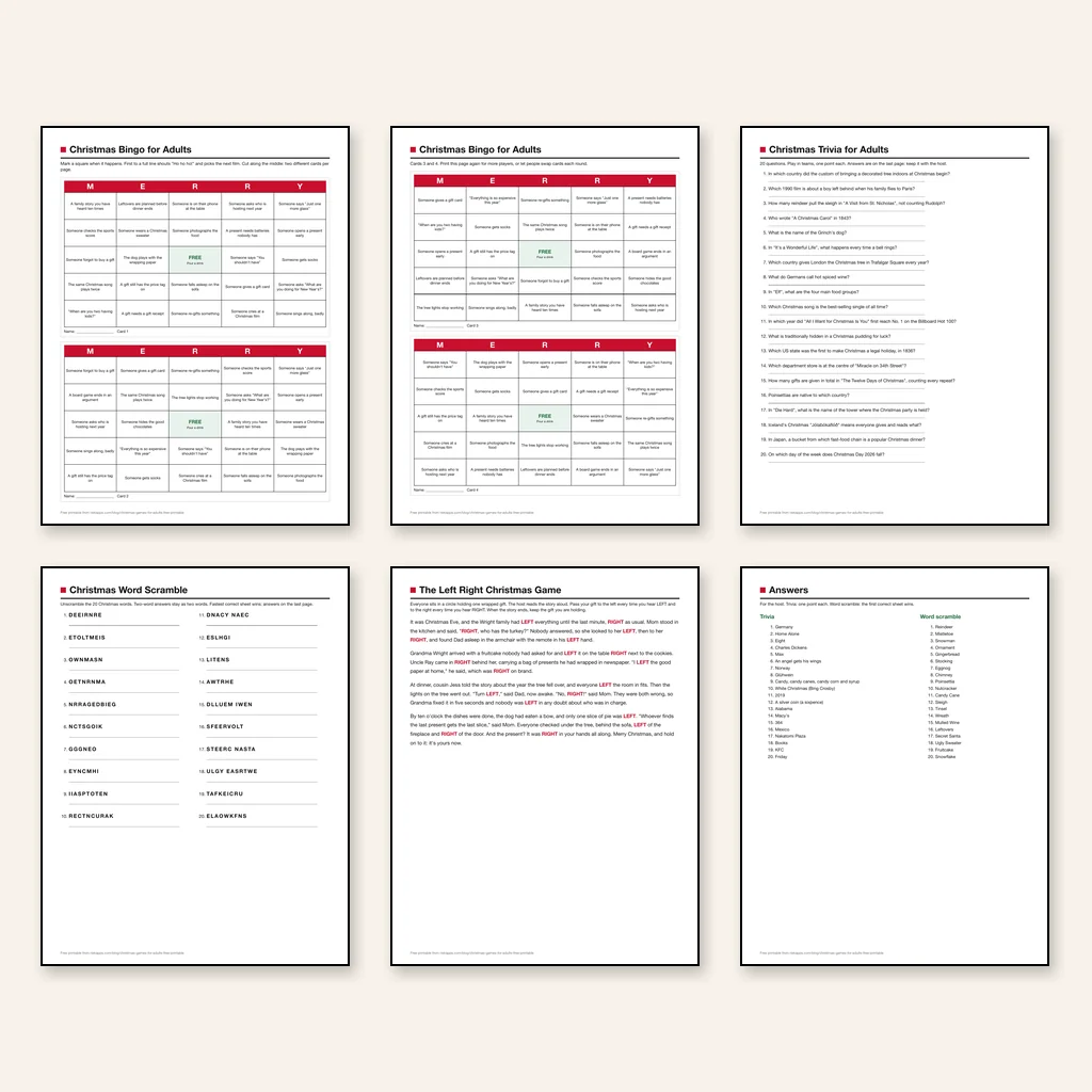 The six pages of the free Christmas games PDF laid out on a cream background: two pages of adult Christmas bingo cards with a red MERRY header, a 20-question trivia page, a word scramble page, the Left Right Christmas story and the answer page