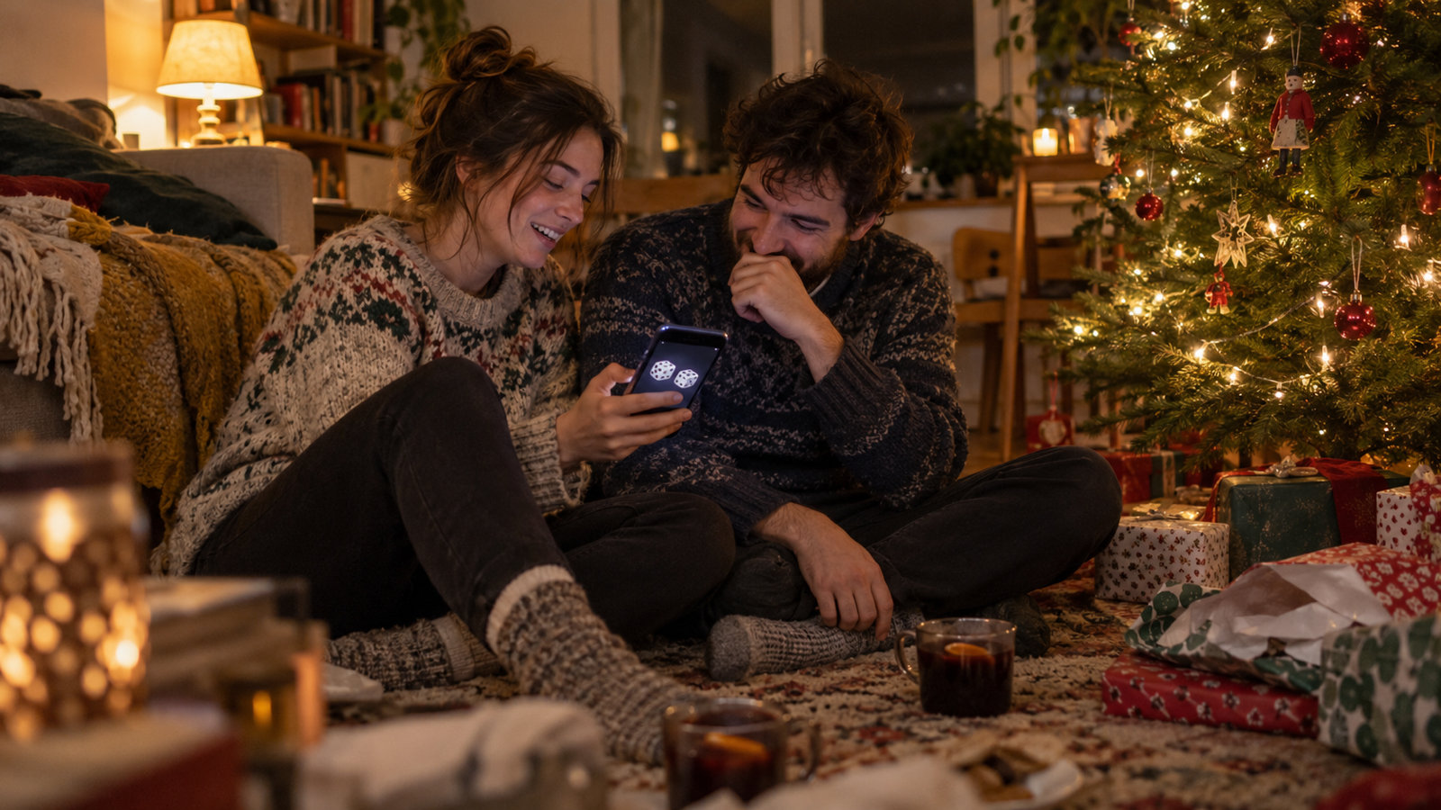 A couple in knit sweaters sitting on the rug beside a lit Christmas tree at night, laughing at a phone she holds up, with mugs and a half-opened present on the floor