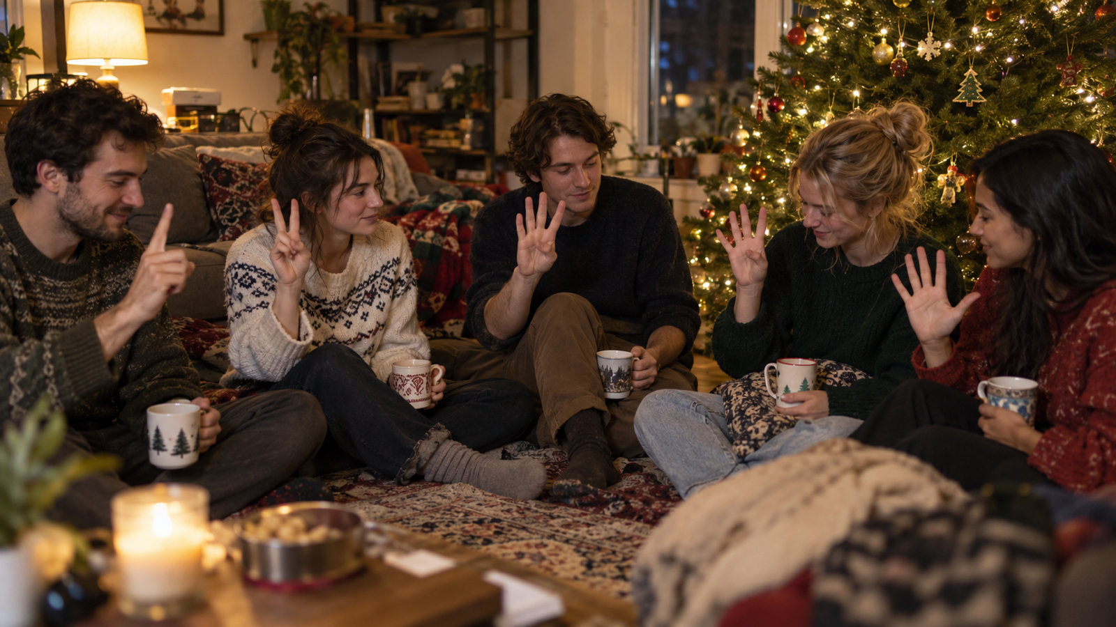 Friends in knit sweaters on a living-room rug beside a lit Christmas tree, laughing and holding up fingers in a game of Never Have I Ever