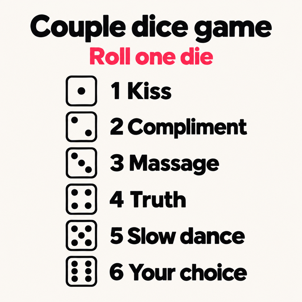 An off-white card headed Couple dice game, roll one die, listing six die faces: 1 kiss, 2 compliment, 3 massage, 4 truth, 5 slow dance, 6 your choice