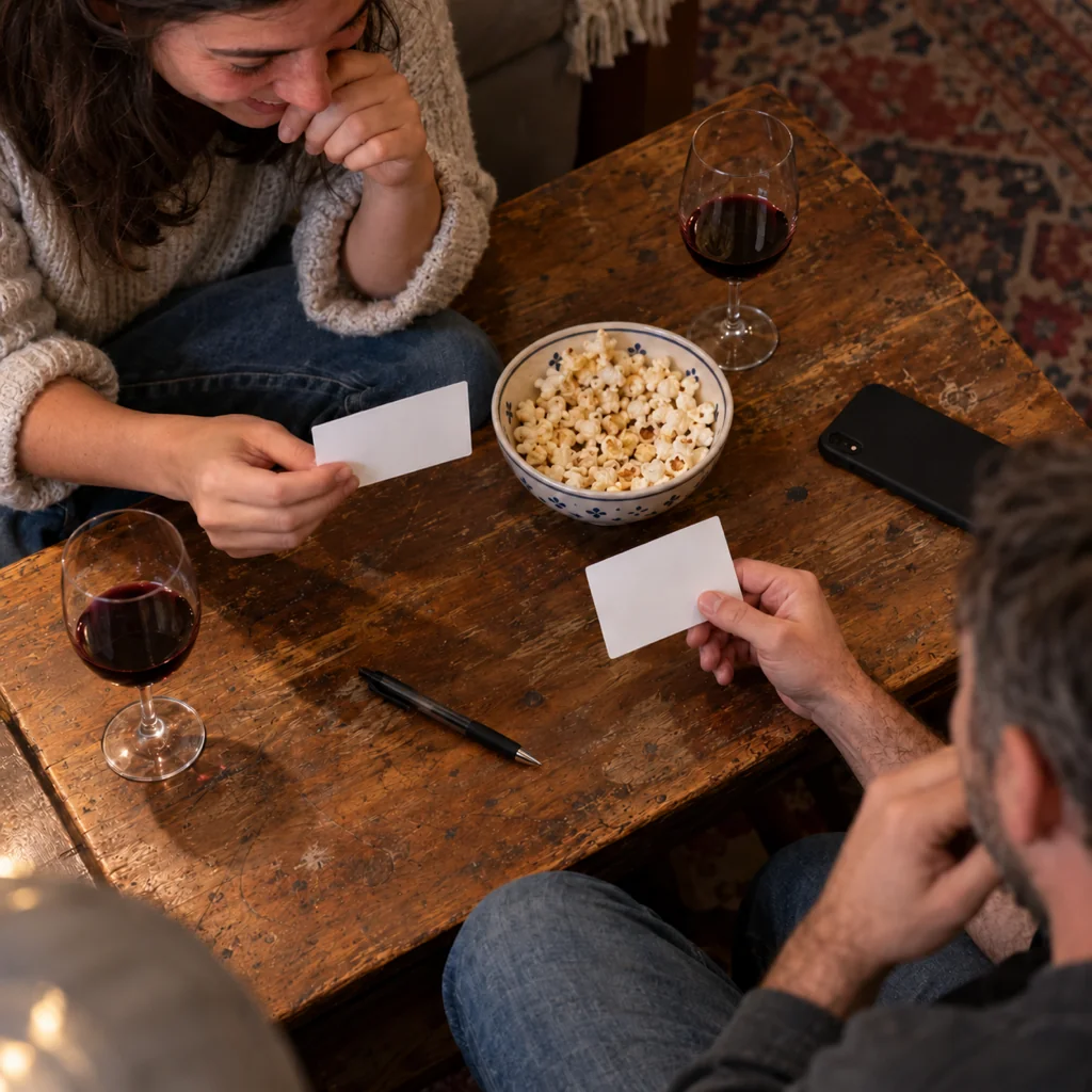 Overhead view of a couple's hands on a wooden coffee table during a quiz night at home, each holding up a small paper answer card, with a pen, a bowl of popcorn and two glasses of wine