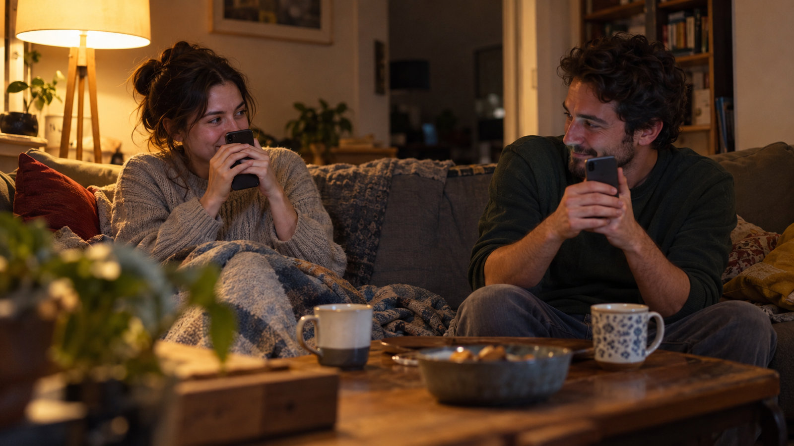 A couple on a sofa at night in warm lamp light, both smiling and holding their phones close to hide their answers from each other, with two mugs of tea on the coffee table