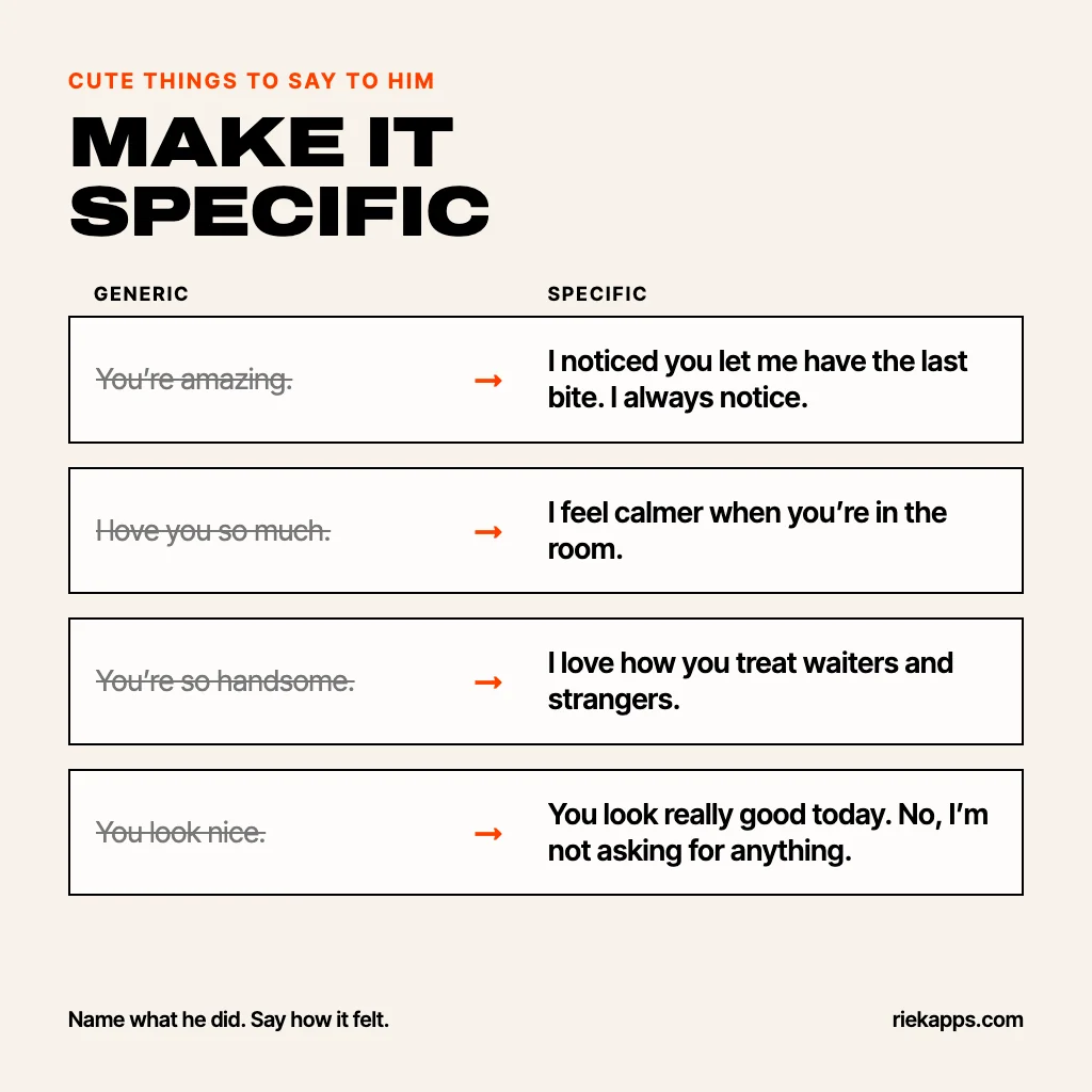 Cream card titled Make it specific, showing four generic lines rewritten as specific ones he will remember