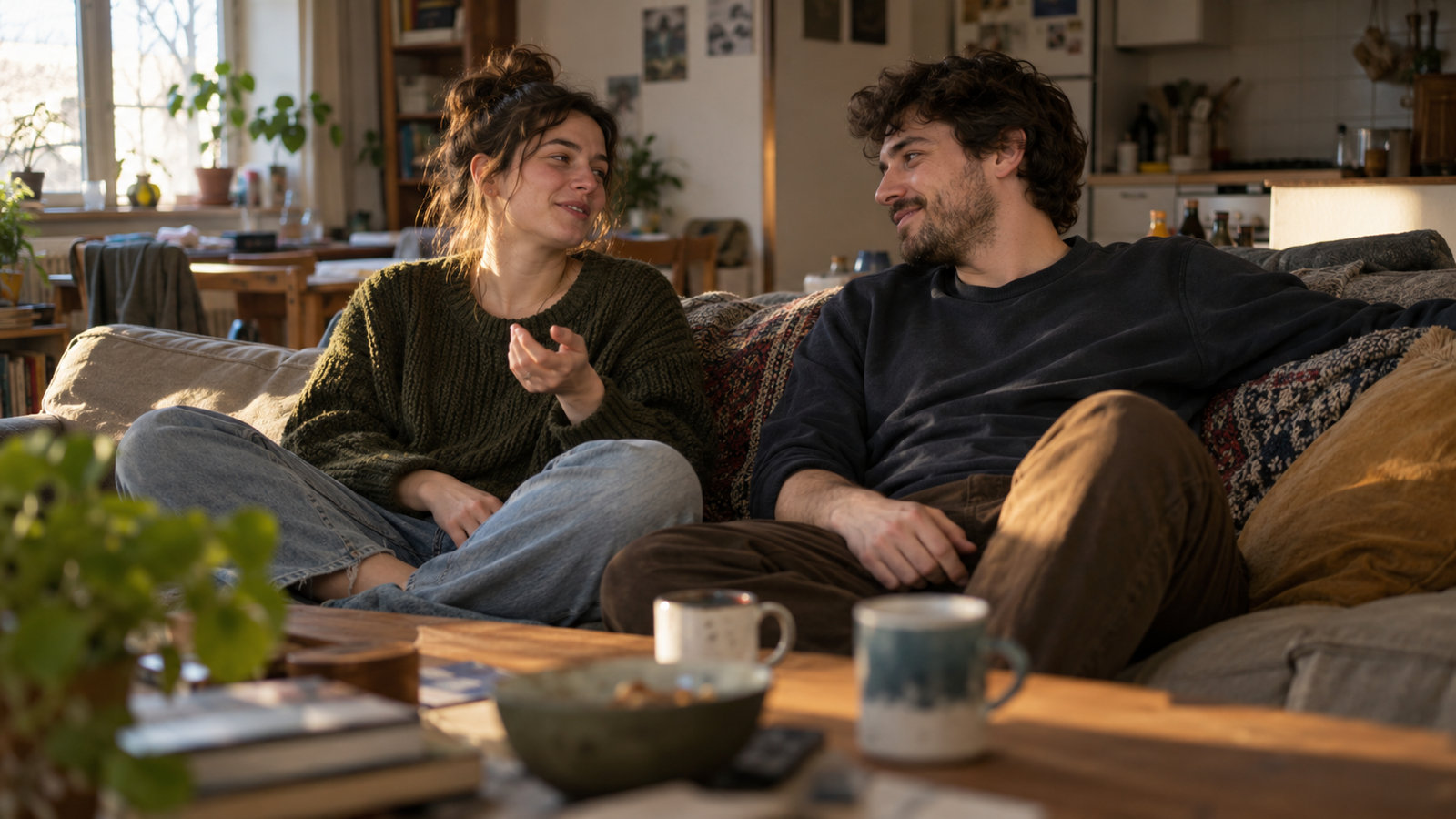 A young woman on a sofa laughing as she says something to her boyfriend, who turns towards her with a soft smile in warm afternoon light