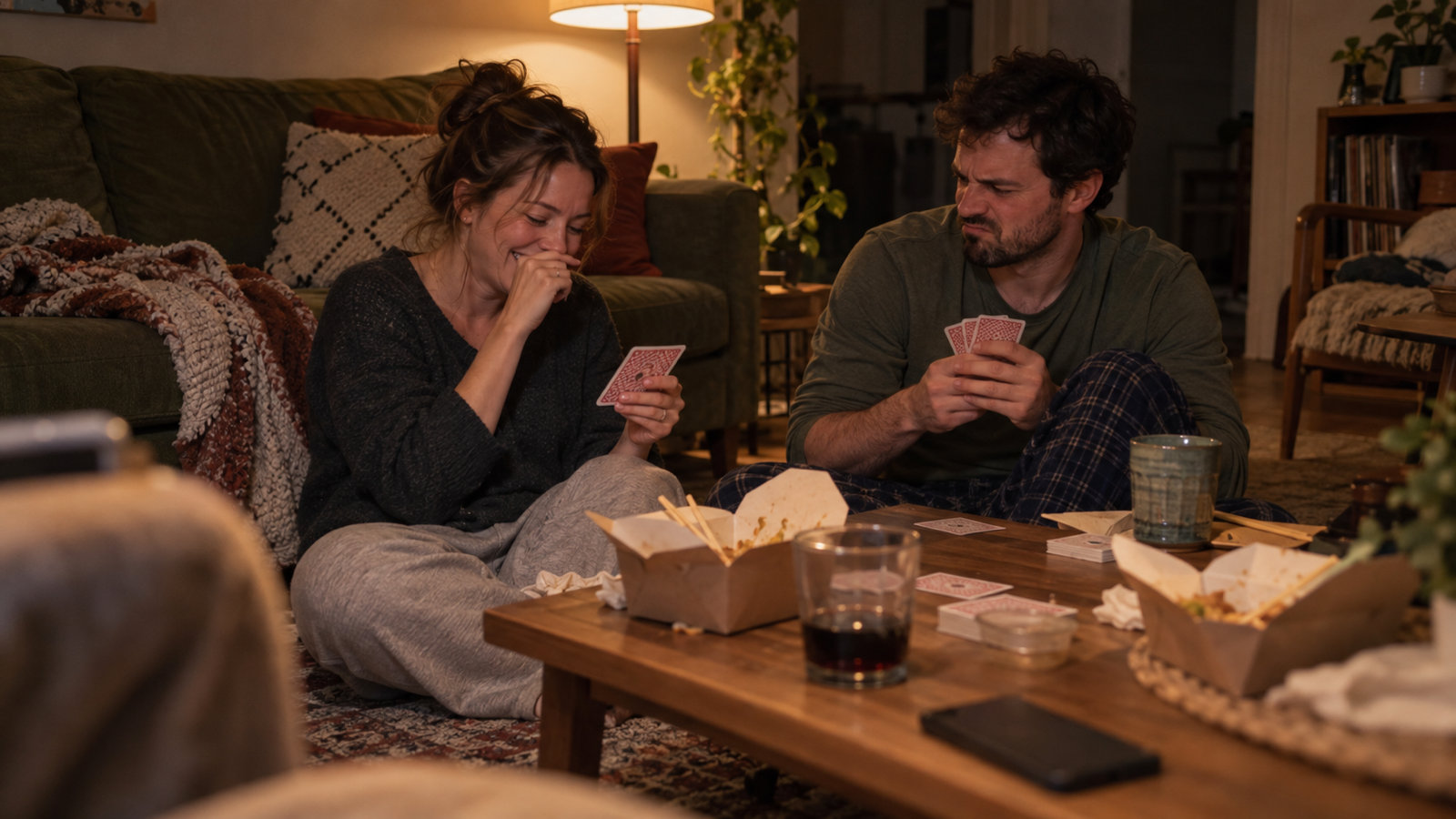 A couple on the living-room floor playing cards by lamp light, she laughing behind her hand and he pulling a face, takeaway cartons and glasses on the coffee table
