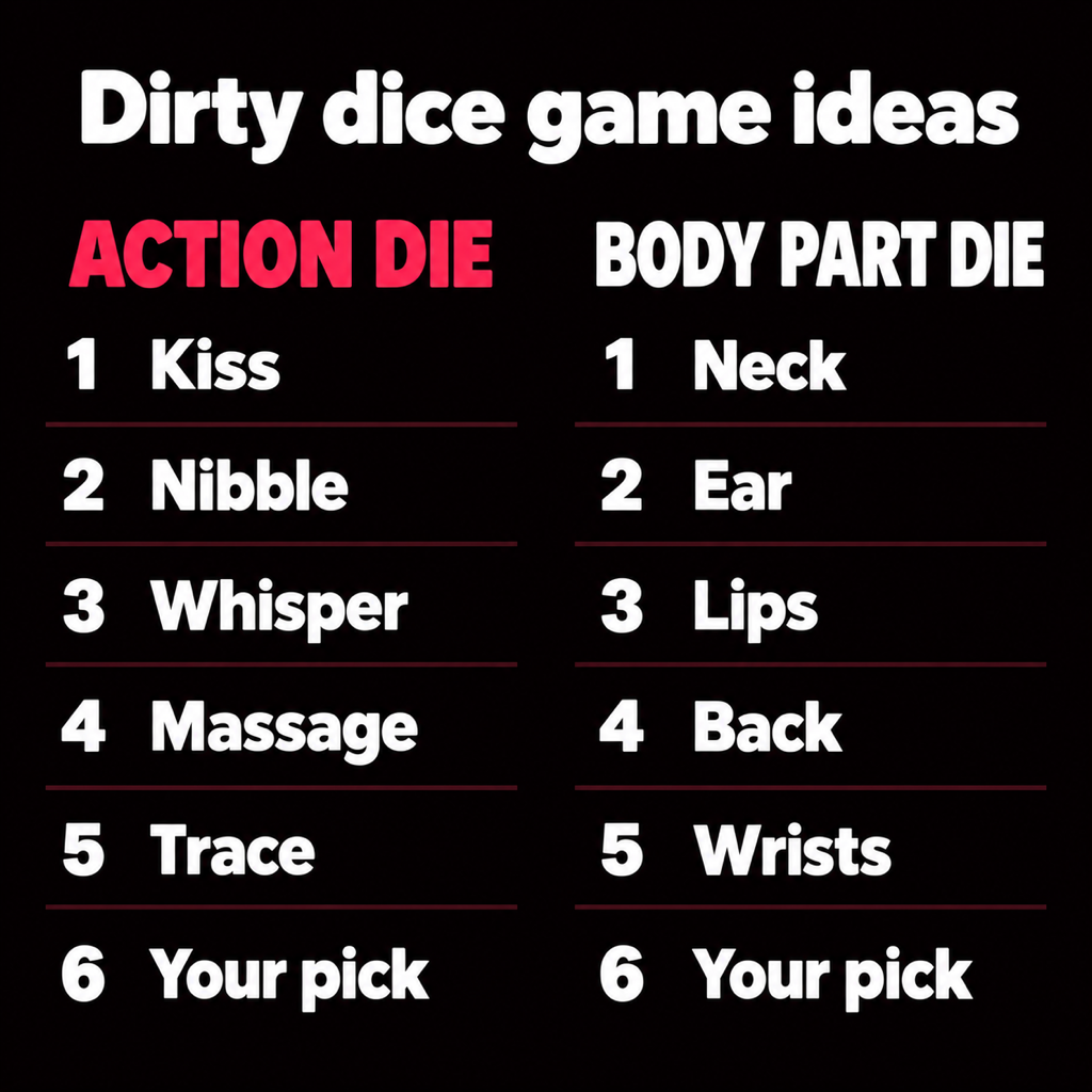 A black card headed Dirty dice game ideas with two numbered columns: the action die reads kiss, nibble, whisper, massage, trace, your pick; the body part die reads neck, ear, lips, back, wrists, your pick