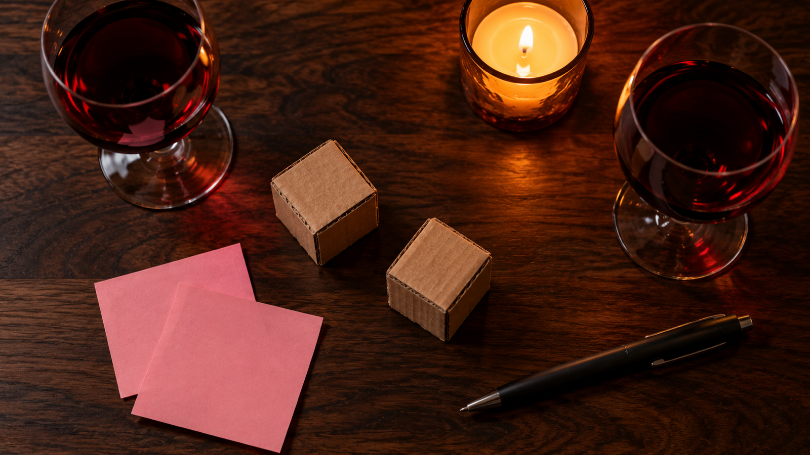 Two blank cardboard dice on a dark walnut table with pink sticky notes, a pen, two glasses of red wine and a lit candle