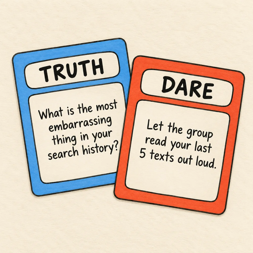 Two hand-drawn cards on cream paper: a blue TRUTH card asking what is the most embarrassing thing in your search history, and a red DARE card reading let the group read your last 5 texts out loud