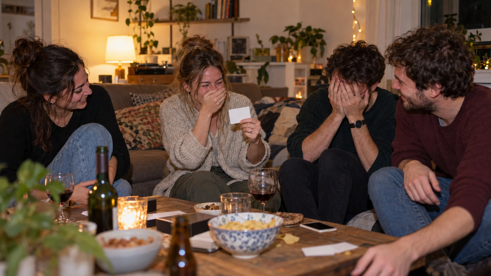 Four friends on a living room floor at night around a coffee table with drinks, one woman laughing behind her hand while holding up a card and the man beside her hiding his face