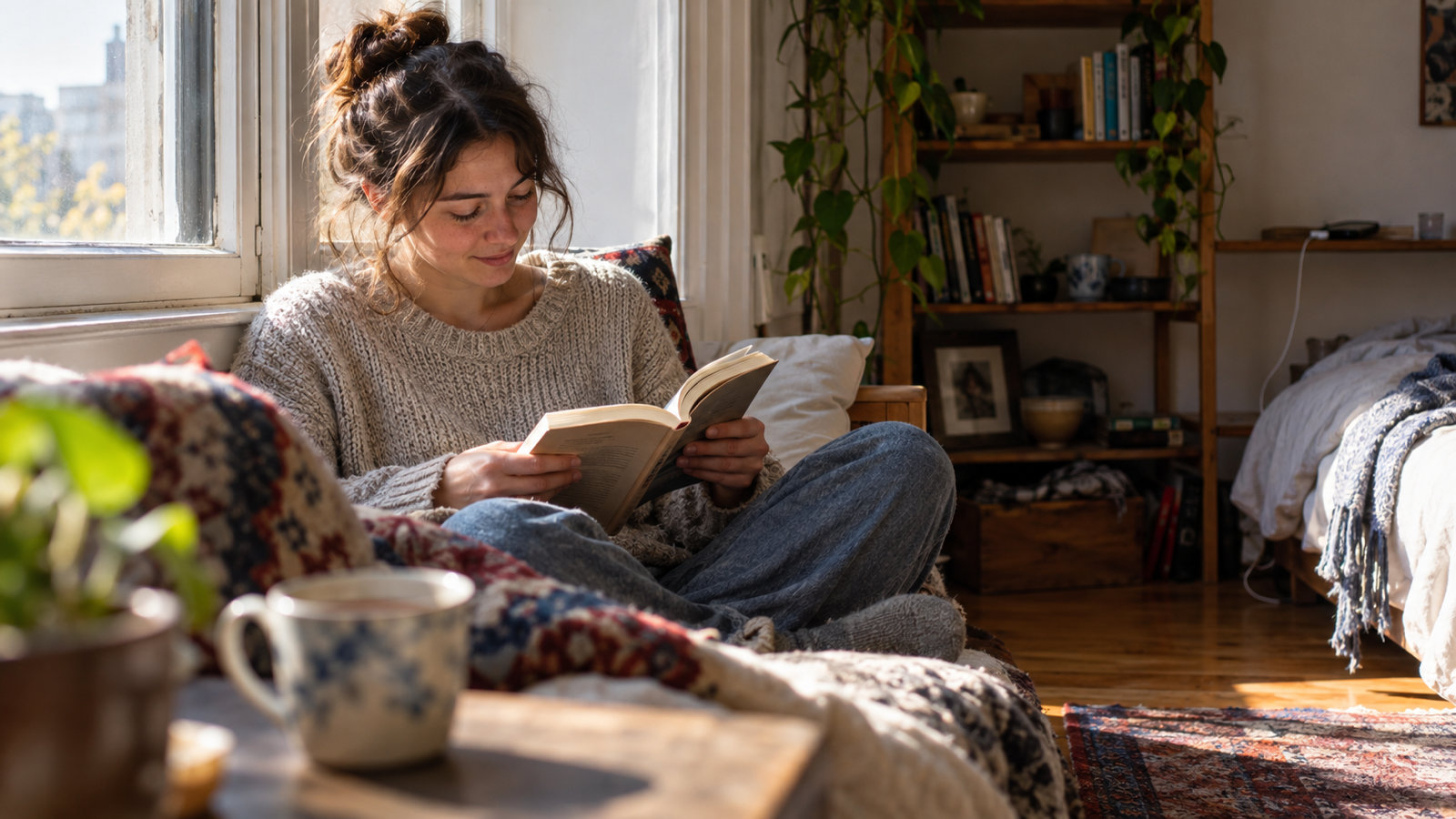 A young woman in a knit sweater reading a paperback by a sunny window, her phone face down on a charger on a shelf across the room