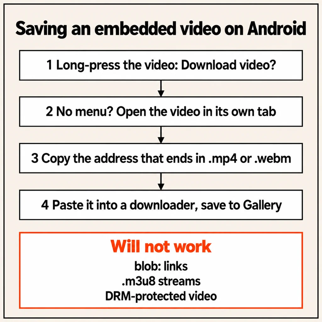 Card titled Saving an embedded video on Android with four steps: long-press the video for Download video; if there is no menu, open the video in its own tab; copy the address that ends in .mp4 or .webm; paste it into a downloader and save to Gallery. A red box lists what will not work: blob: links, .m3u8 streams and DRM-protected video
