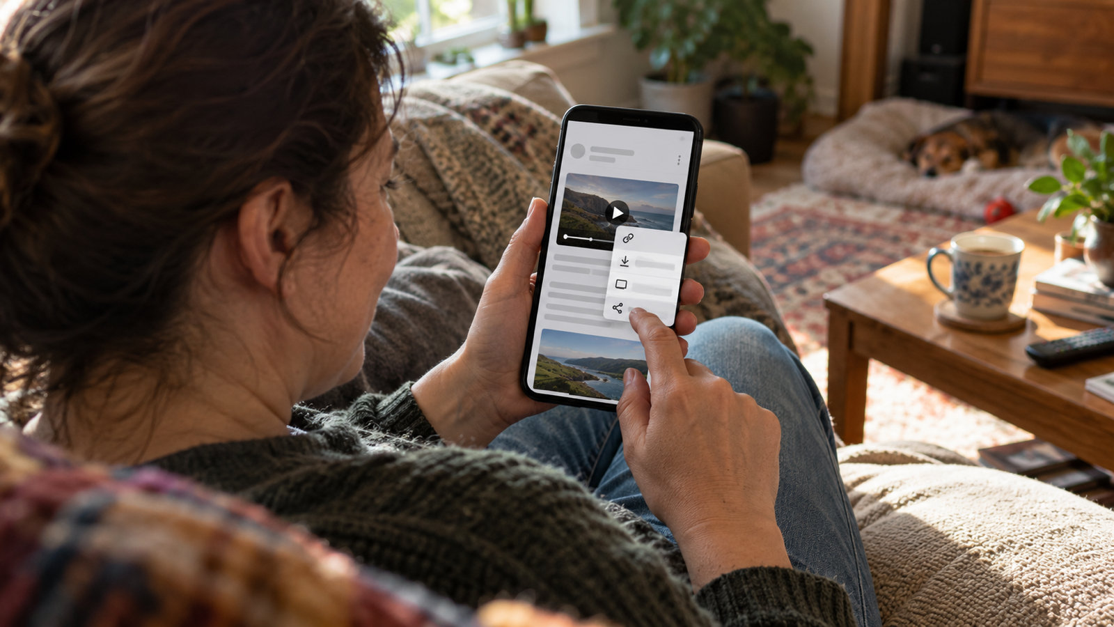 A person on a sofa holding an Android phone showing a web article with an embedded video and an open long-press menu