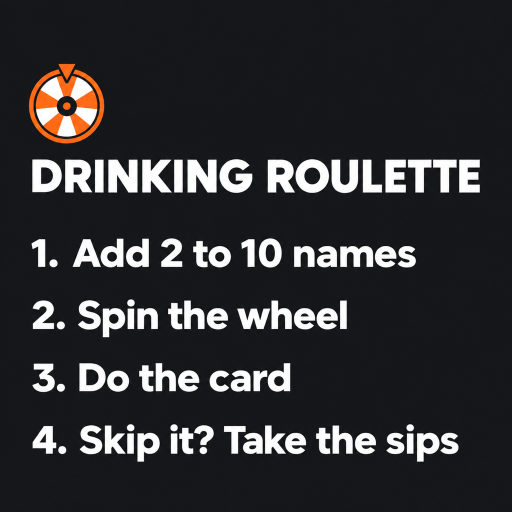 Drinking roulette rules card: 1 add 2 to 10 names, 2 spin the wheel, 3 do the card, 4 skip it and take the sips