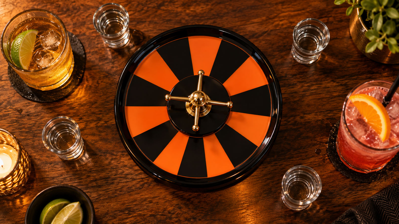 A black and orange spinner wheel on a bar table surrounded by shot glasses and drinks