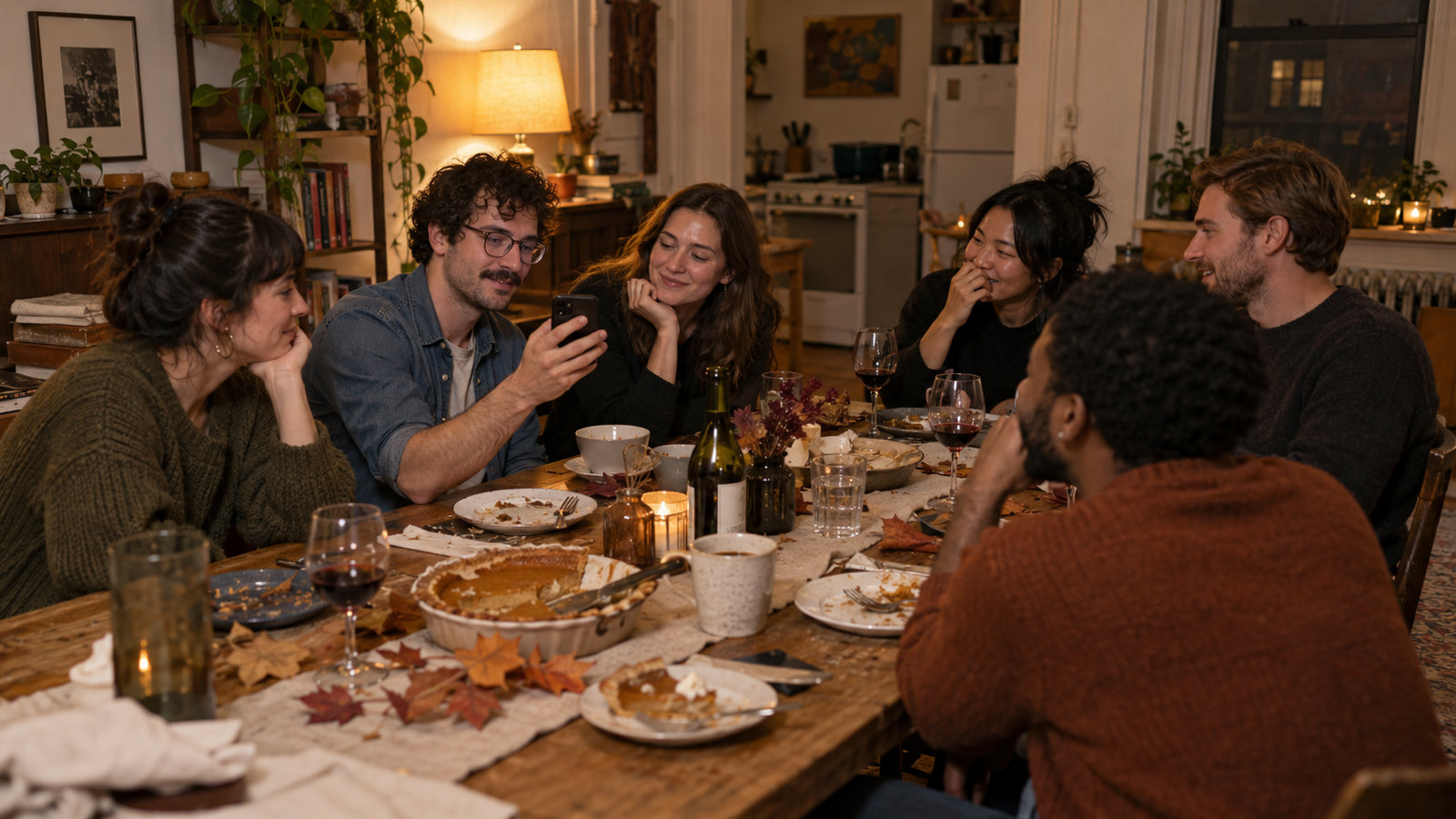 Friends in their late twenties around a long apartment table after a Friendsgiving dinner, one holding up a phone to the group while two others laugh, pie and wine glasses between them under string lights