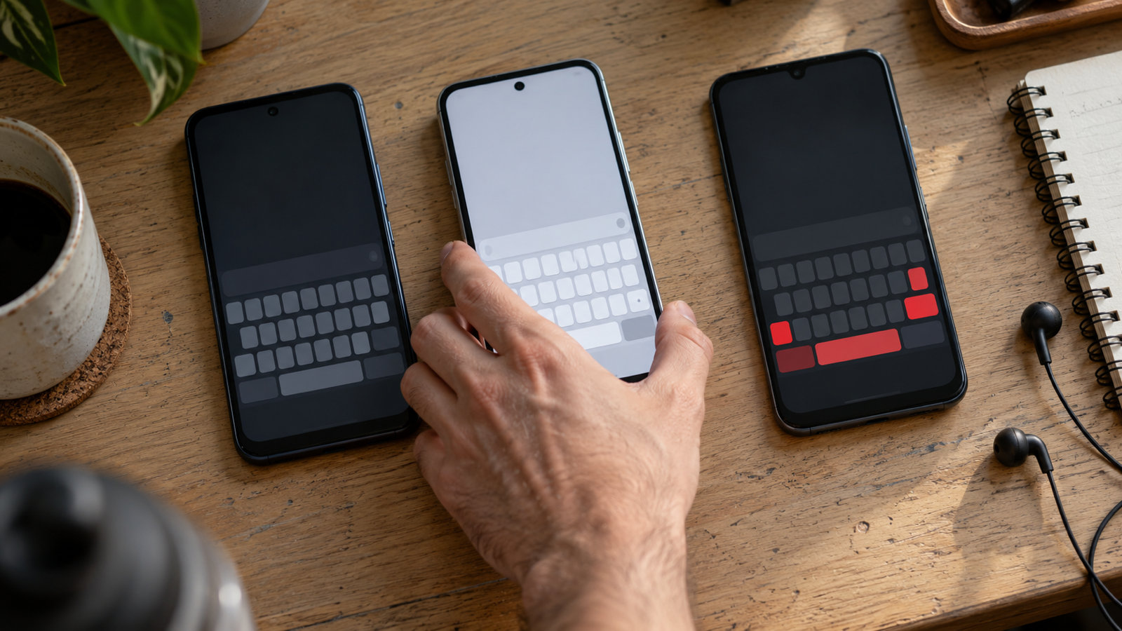 Three Android phones side by side on a desk, each showing a different on-screen keyboard, with a hand picking up the middle one