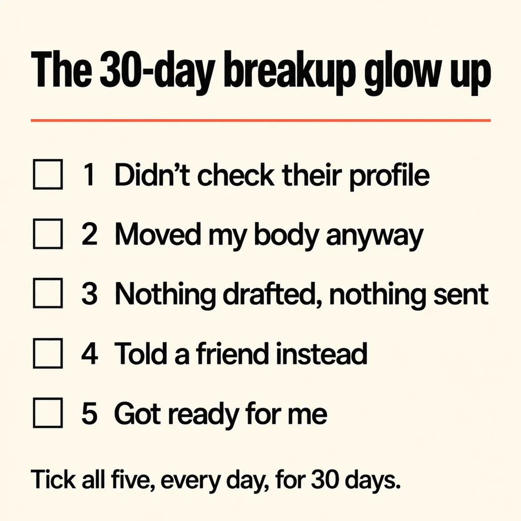 Cream card titled The 30-day breakup glow up listing five daily habits with checkboxes: didn't check their profile, moved my body anyway, nothing drafted nothing sent, told a friend instead, got ready for me
