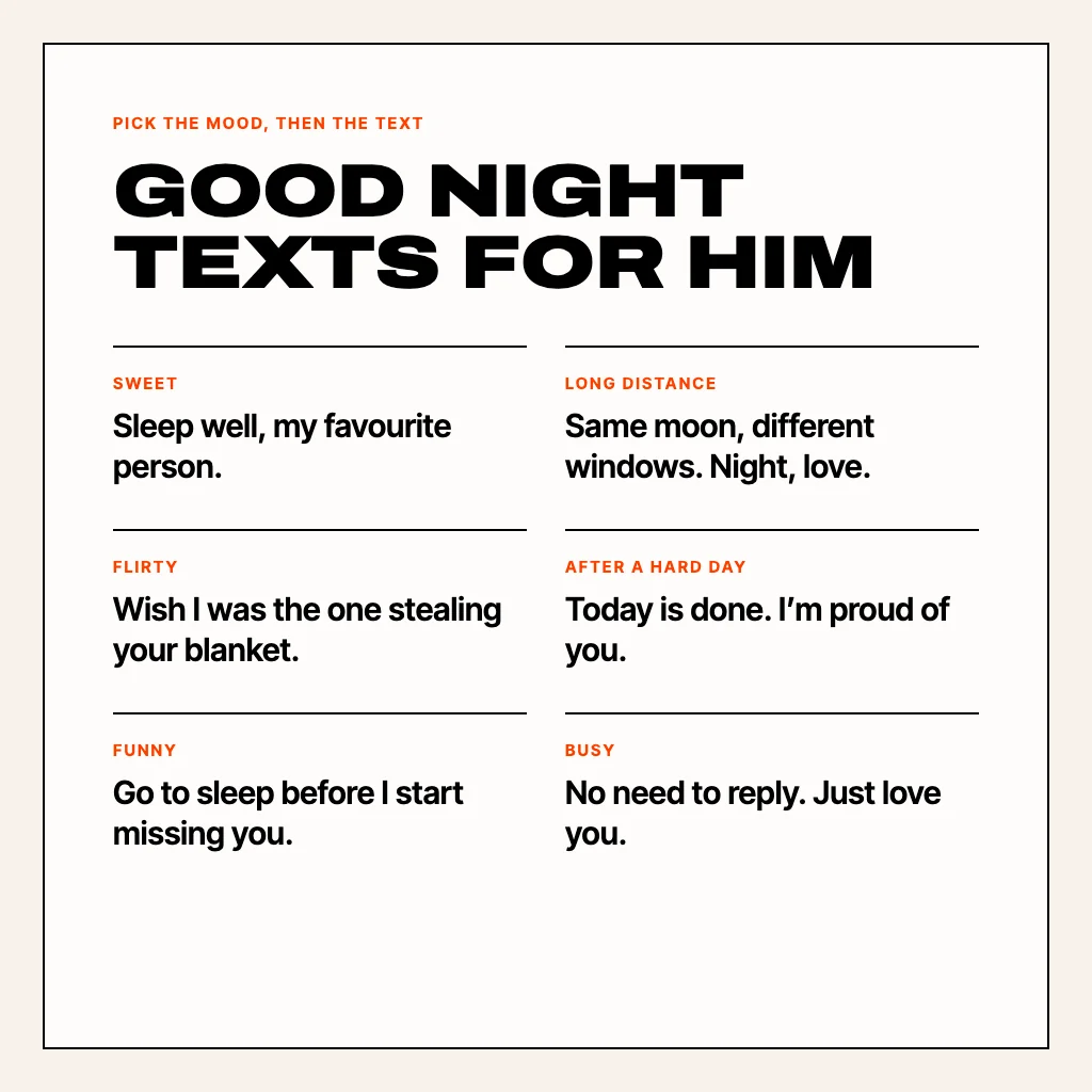 Cream card titled Good night texts for him with six examples by mood: sweet, long distance, flirty, after a hard day, funny and busy