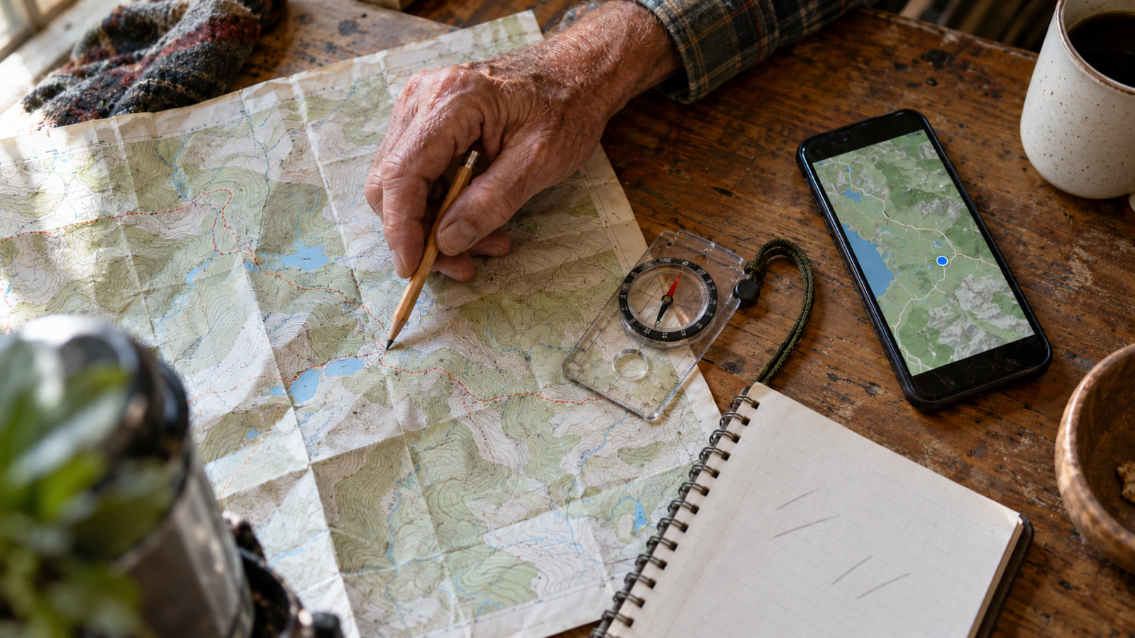 An older man pointing a pencil at a spot on a paper topographic map next to a compass, a notebook of numbers and a phone