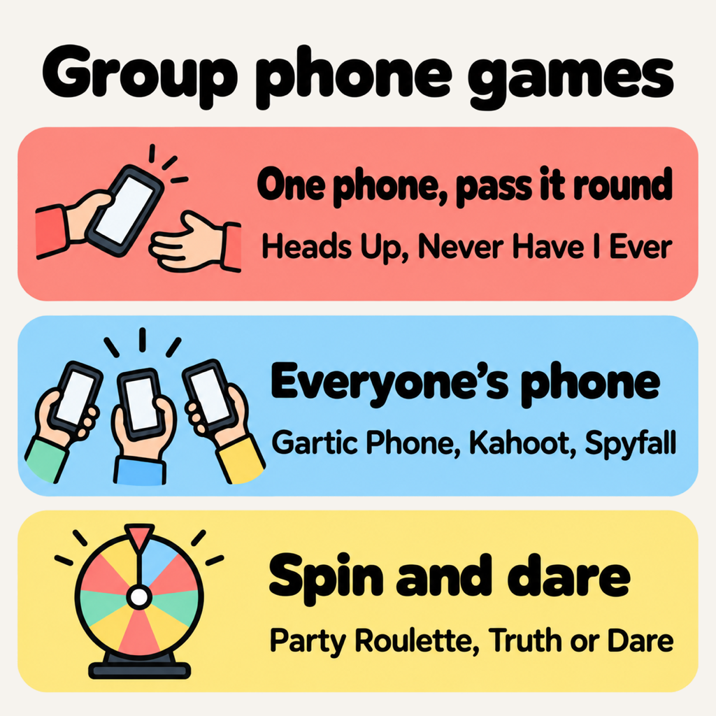 Card with three kinds of group phone games: one phone passed round, such as Heads Up and Never Have I Ever; everyone's own phone, such as Gartic Phone, Kahoot and Spyfall; and spin-and-dare games, such as Party Roulette and Truth or Dare