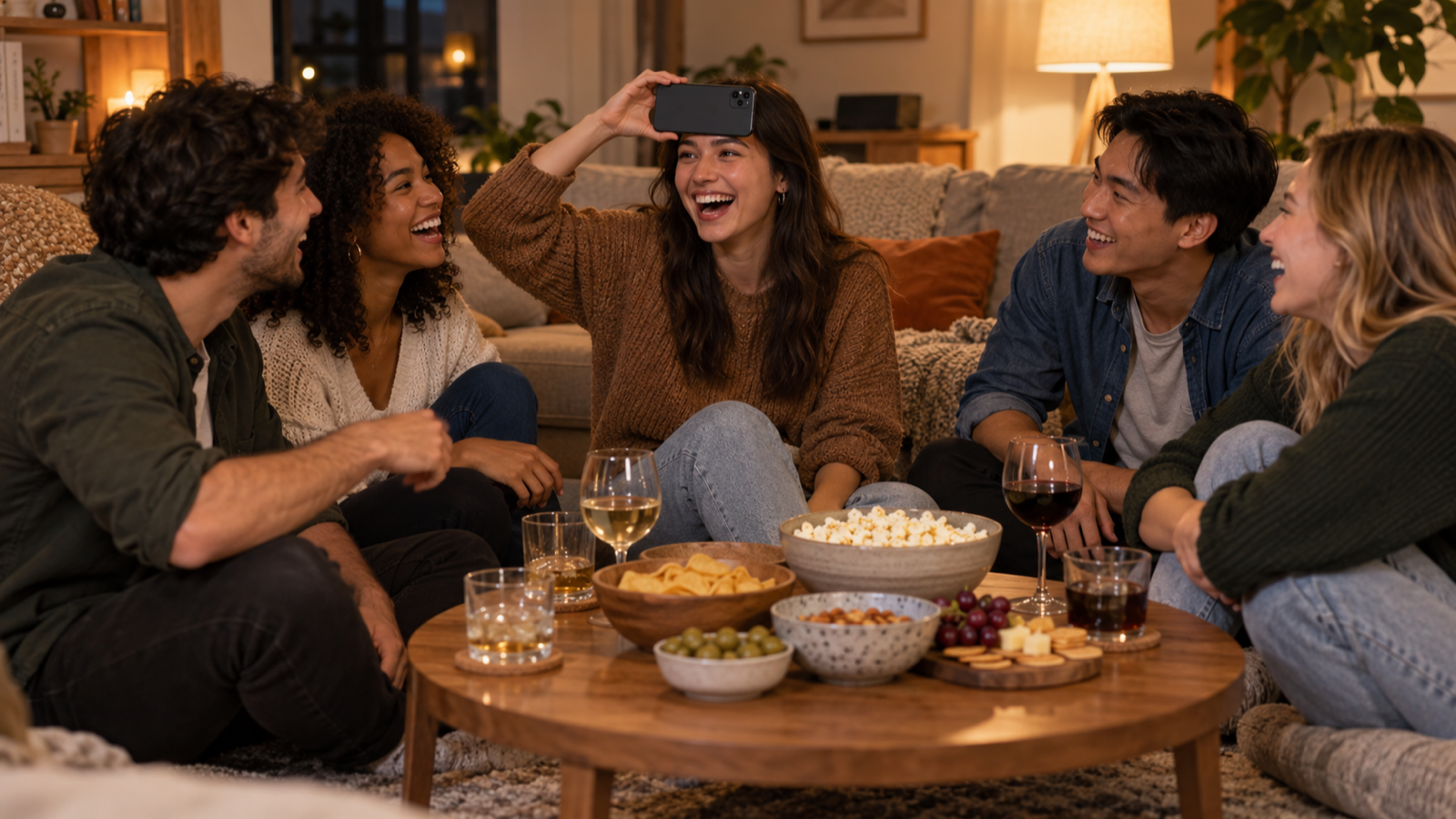 Five friends in their twenties laughing on a living room floor around a coffee table while one holds a phone to her forehead in a guessing game