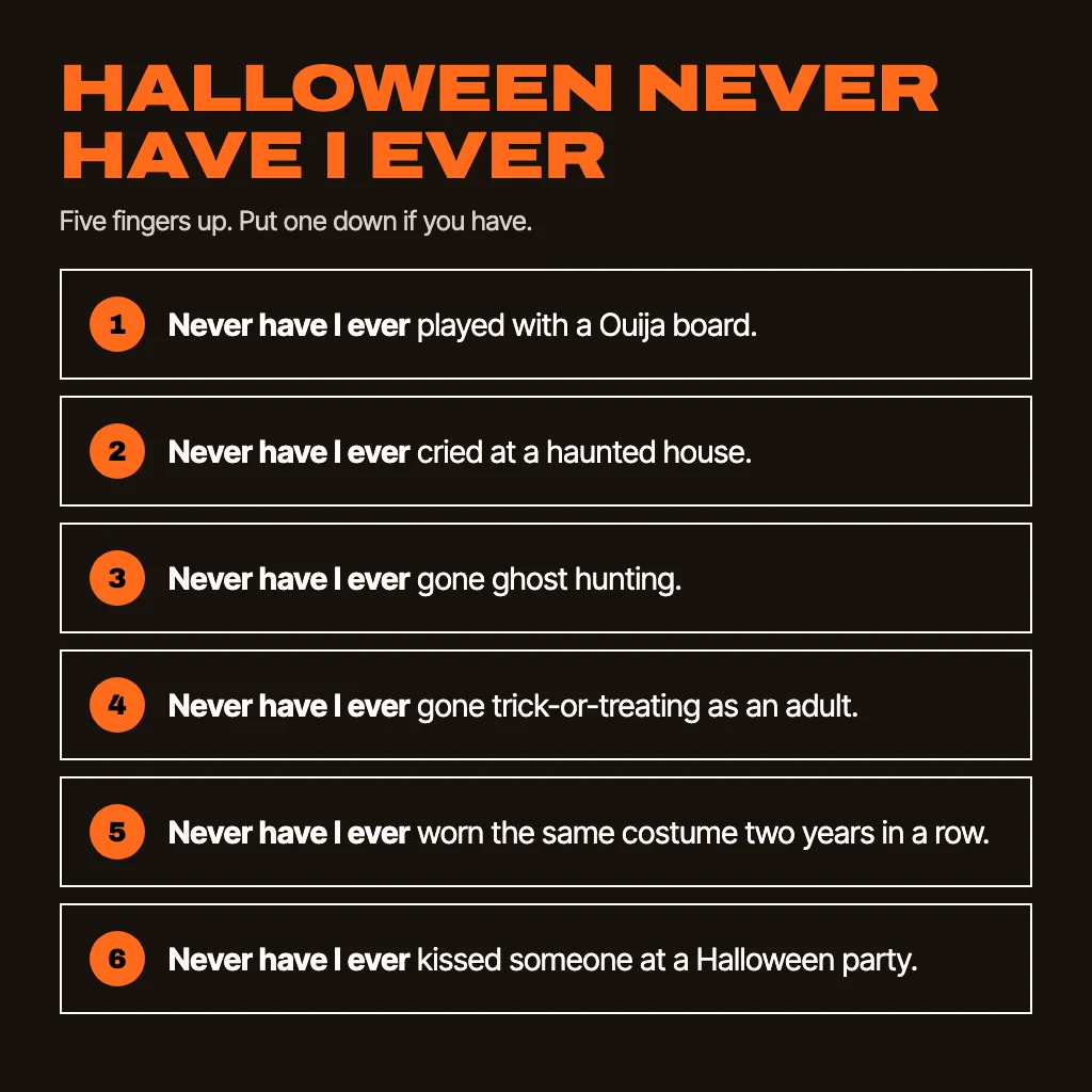 Card titled Halloween Never Have I Ever with six questions: Never have I ever played with a Ouija board. Never have I ever cried at a haunted house. Never have I ever gone ghost hunting. Never have I ever gone trick-or-treating as an adult. Never have I ever worn the same costume two years in a row. Never have I ever kissed someone at a Halloween party.