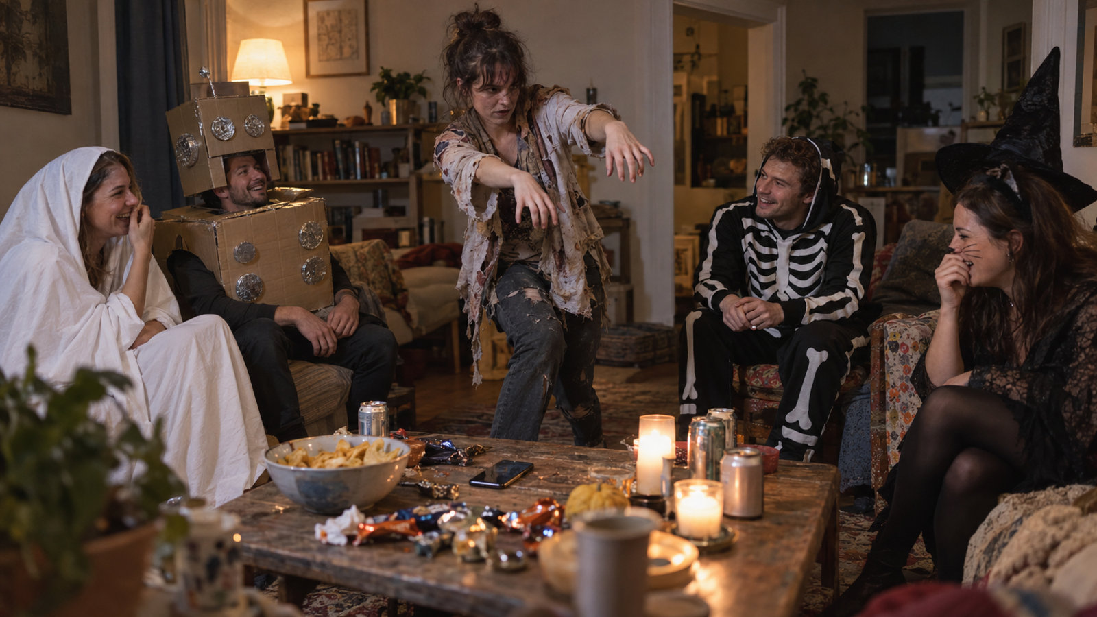 Friends in homemade Halloween costumes (a bedsheet ghost, a cardboard robot, a skeleton and a witch) cracking up around a coffee table as a woman does a zombie walk for her dare