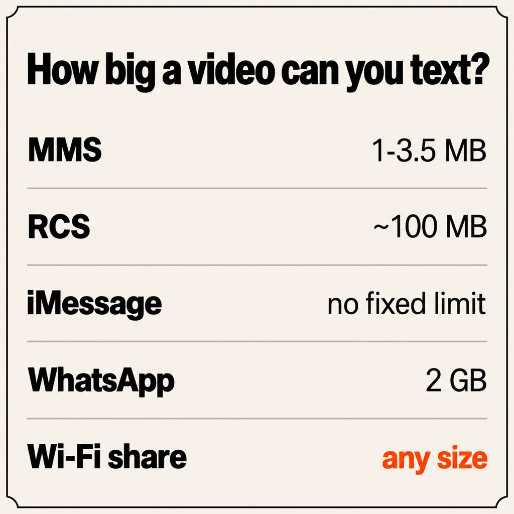 Card titled How big a video can you text? with five rows: MMS 1 to 3.5 MB, RCS about 100 MB, iMessage no fixed limit, WhatsApp 2 GB, Wi-Fi share any size