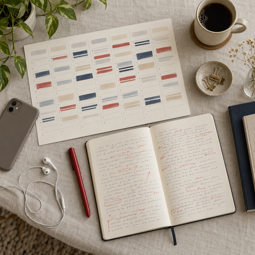 A weekly paper planner with colour-blocked study sessions beside a French paragraph covered in red-pen corrections, a red pen and earphones