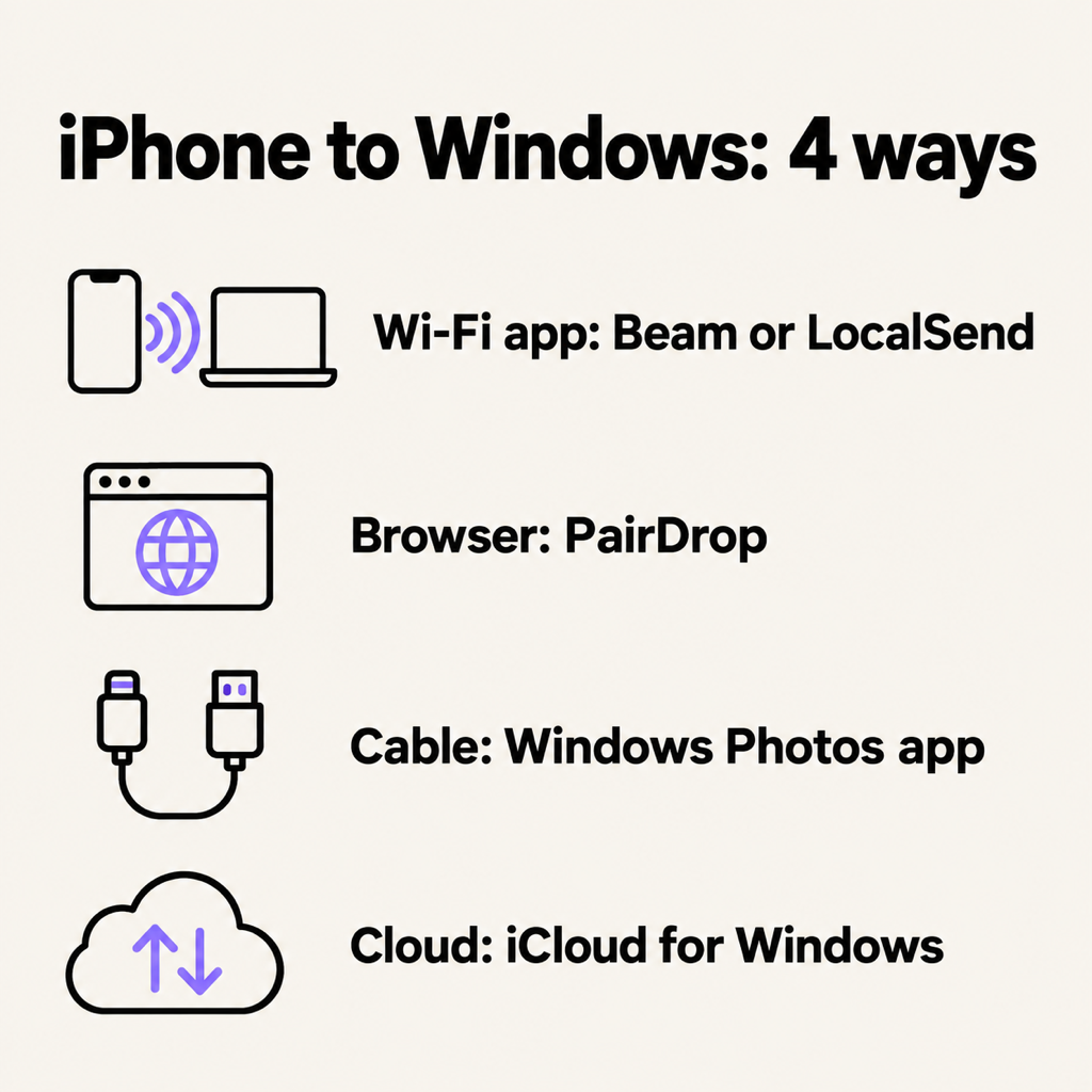 Card listing four ways to send files from iPhone to Windows: a Wi-Fi app such as Beam or LocalSend, the PairDrop browser tool, a cable with the Windows Photos app, and iCloud for Windows