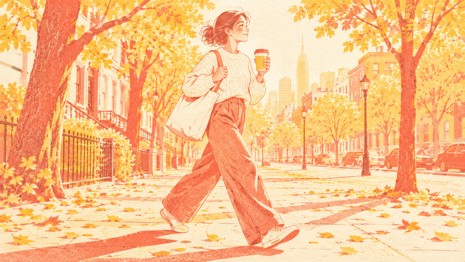 Risograph print in butter yellow and coral of a young woman in a cream knit and coral trousers walking down an autumn street at morning with a matcha cup and a tote bag