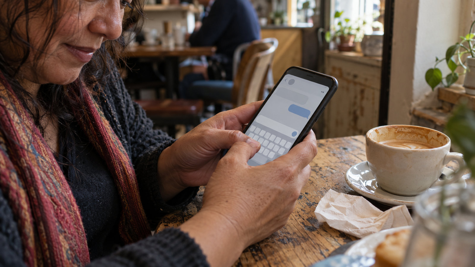 A woman at a café table typing on the on-screen keyboard of an Android phone, next to a half-finished coffee