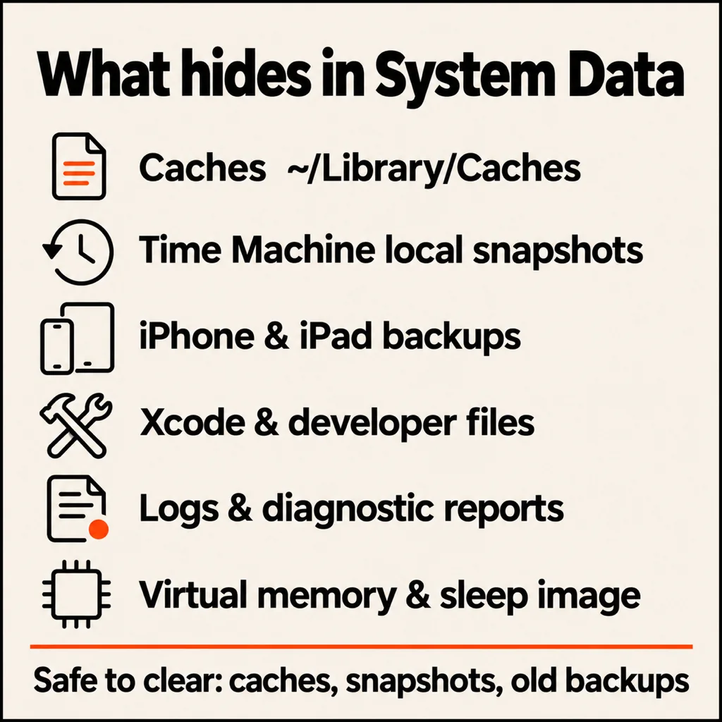 Cream card titled What hides in System Data listing caches, Time Machine local snapshots, iPhone and iPad backups, Xcode and developer files, logs and diagnostic reports, and virtual memory and sleep image