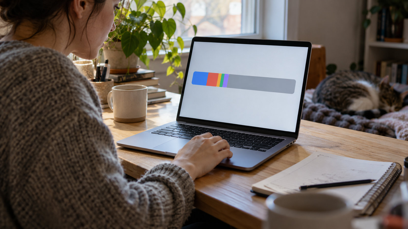 A MacBook on a desk showing the macOS storage bar with a large System Data segment