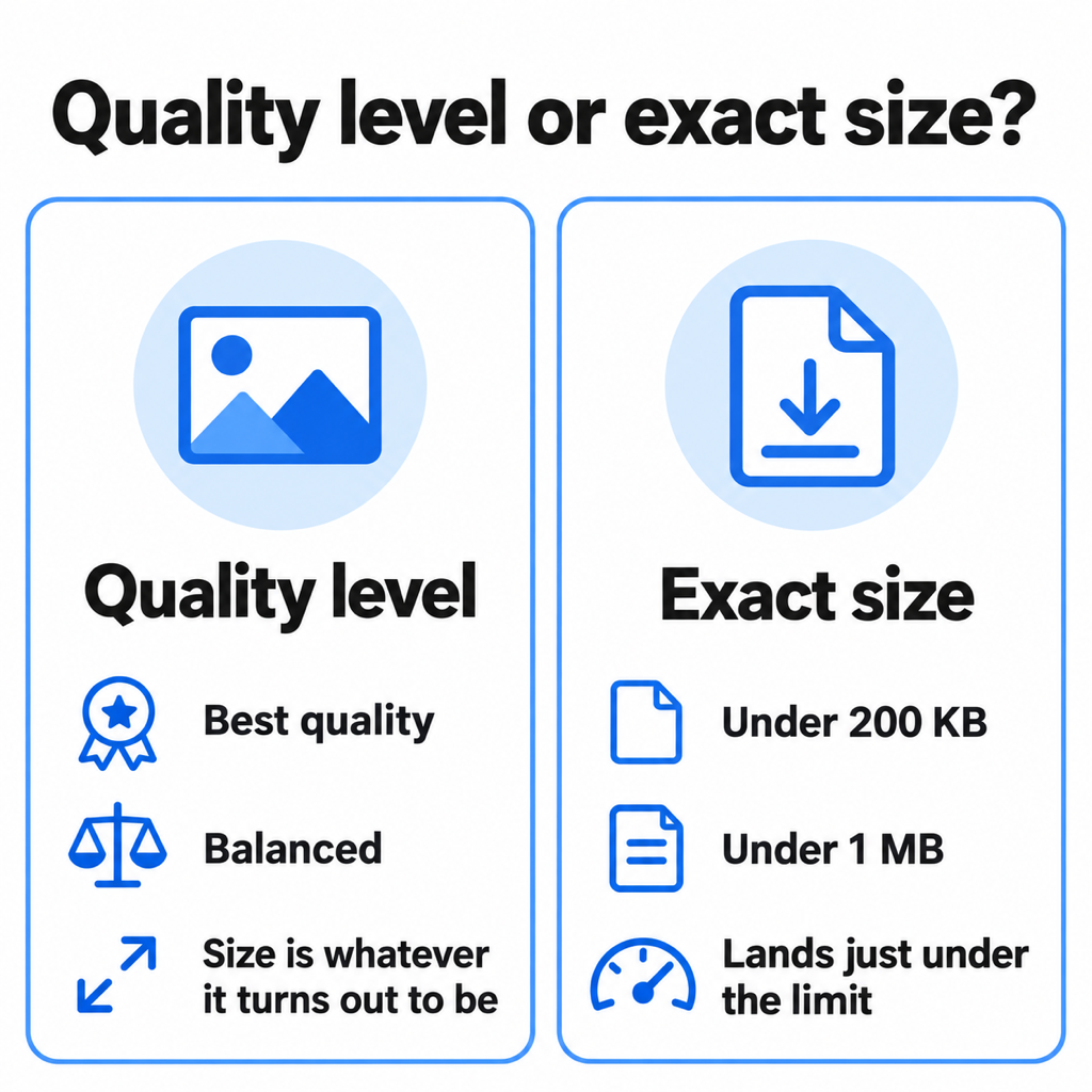 Comparison card: quality levels such as Best quality and Balanced give whatever size results, while an exact size target such as under 200 KB or under 1 MB lands just under the limit