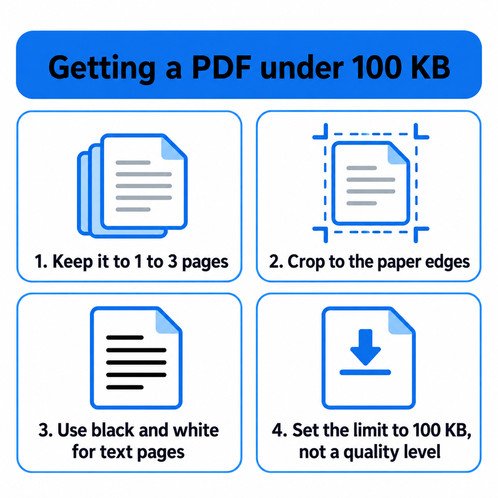 Four steps to get a PDF under 100 KB: keep it to 1 to 3 pages, crop to the paper edges, use black and white for text pages, set the limit to 100 KB rather than a quality level