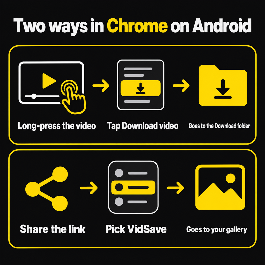 Two ways to download video in Chrome on Android: long-press the video and tap Download video, which goes to the Download folder; or share the link and pick VidSave, which goes to your gallery